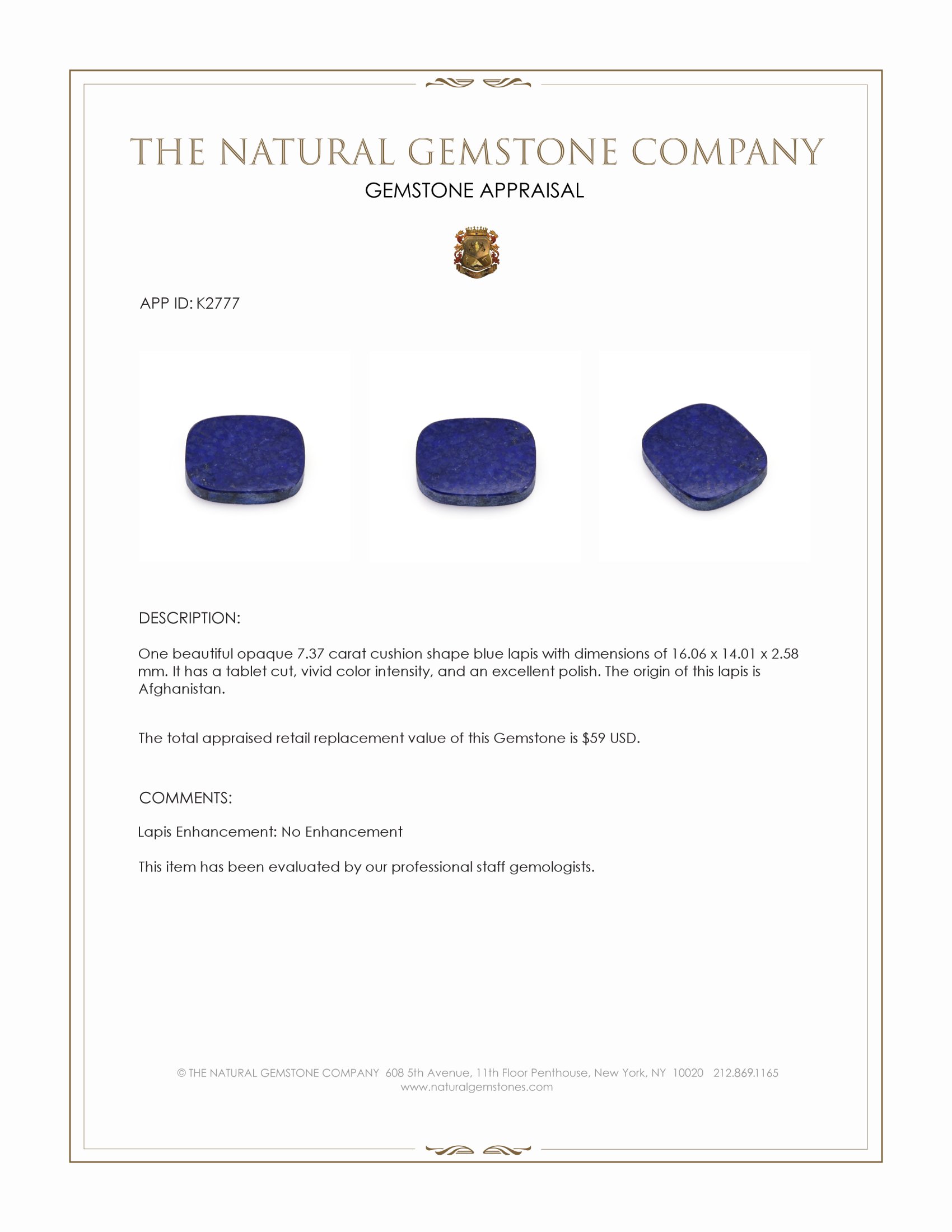 7.37 Ct. Lapis from Afghanistan