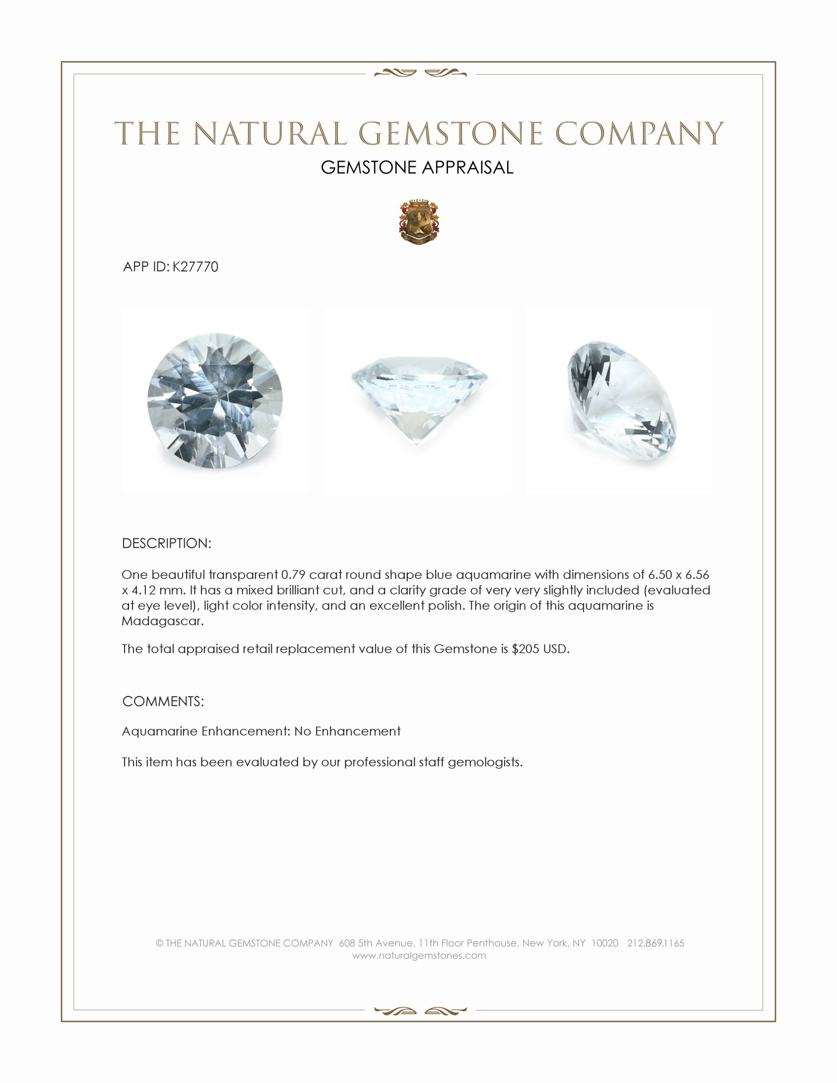 0.79 Ct. Blue Aquamarine from Madagascar