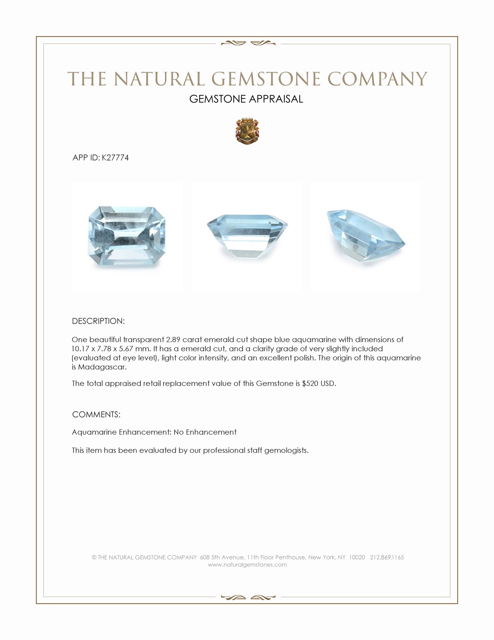 2.89 Ct. Blue Aquamarine from Madagascar