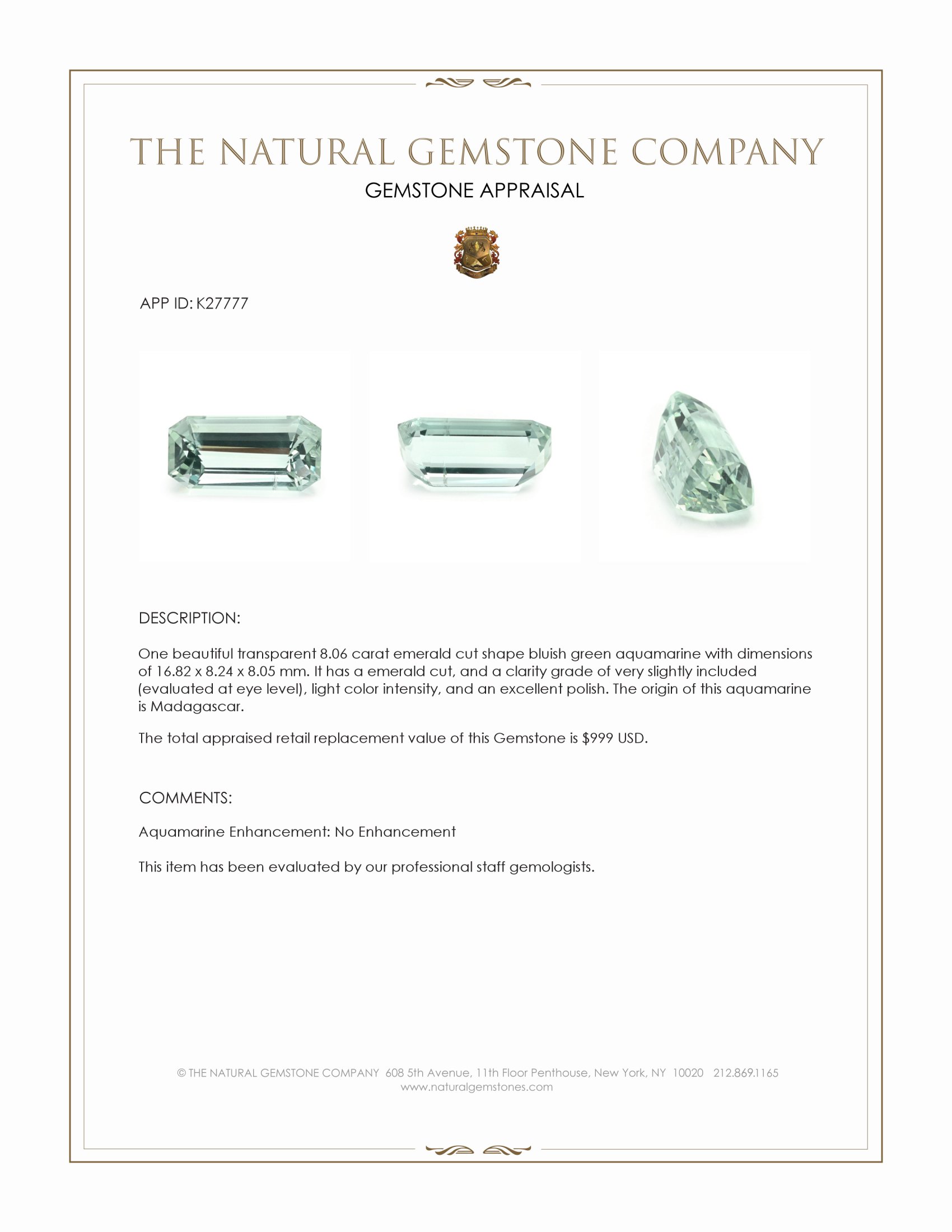 8.06 Ct. Bluish Green Aquamarine from Madagascar