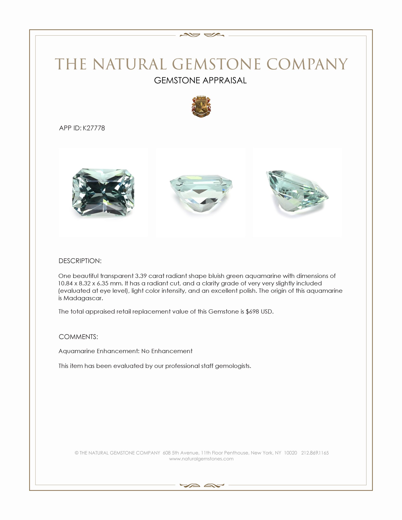3.39 Ct. Bluish Green Aquamarine from Madagascar
