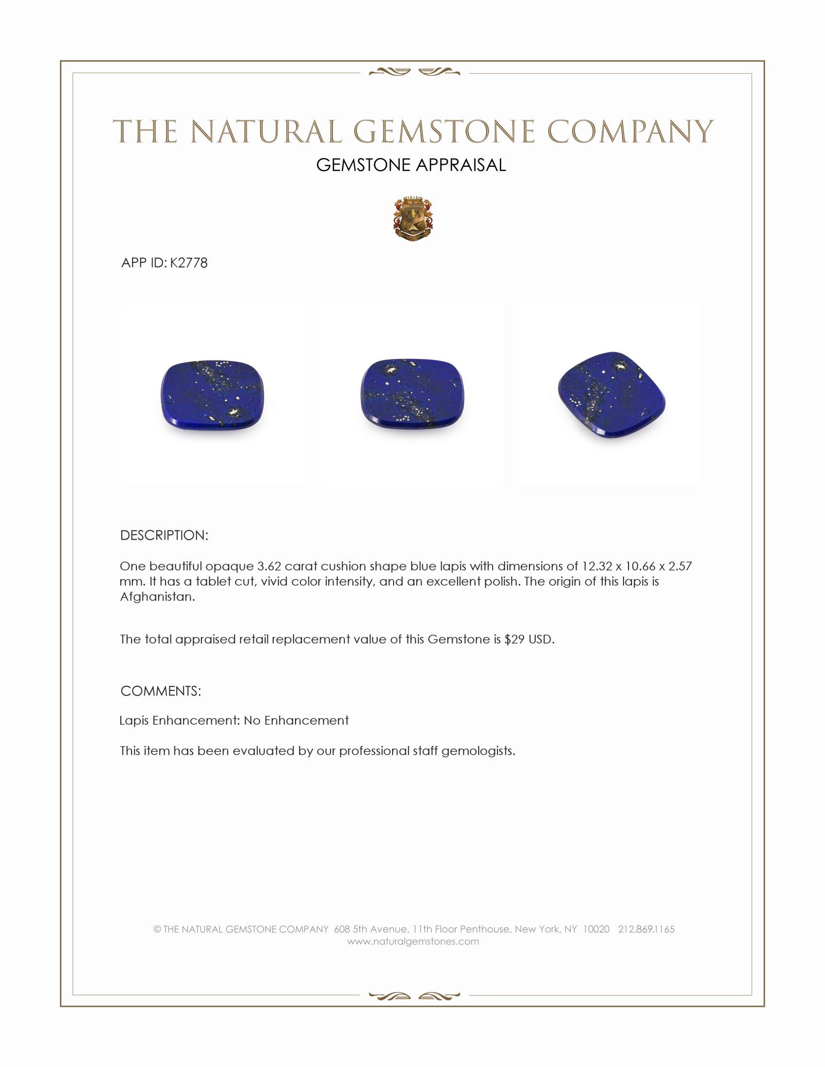 3.62 Ct. Lapis from Afghanistan