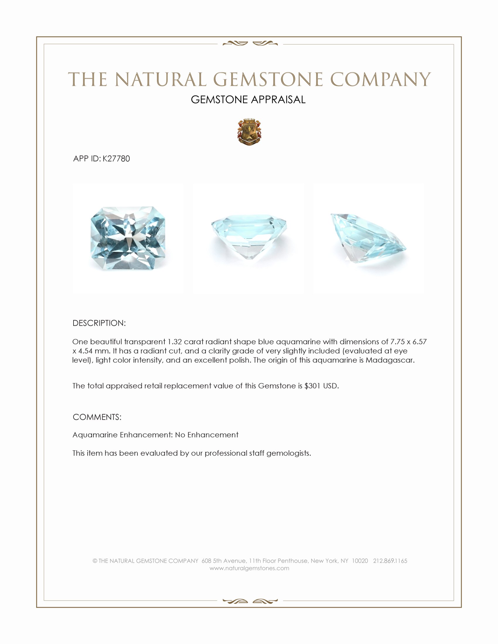 1.32 Ct. Blue Aquamarine from Madagascar