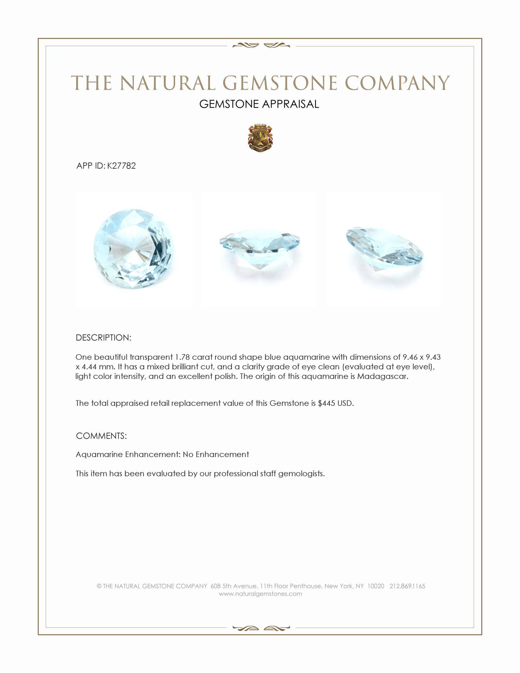 1.78 Ct. Blue Aquamarine from Madagascar