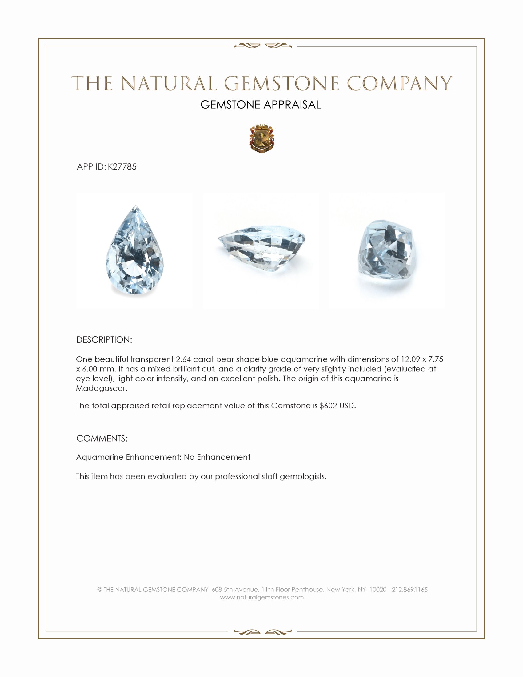 2.64 Ct. Blue Aquamarine from Madagascar