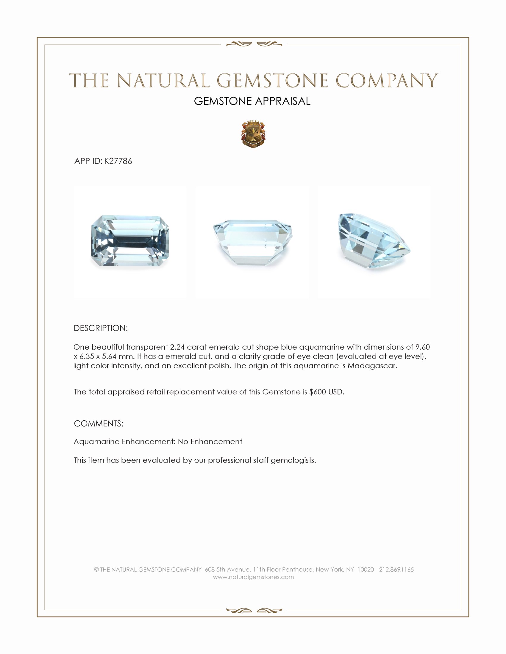 2.24 Ct. Blue Aquamarine from Madagascar