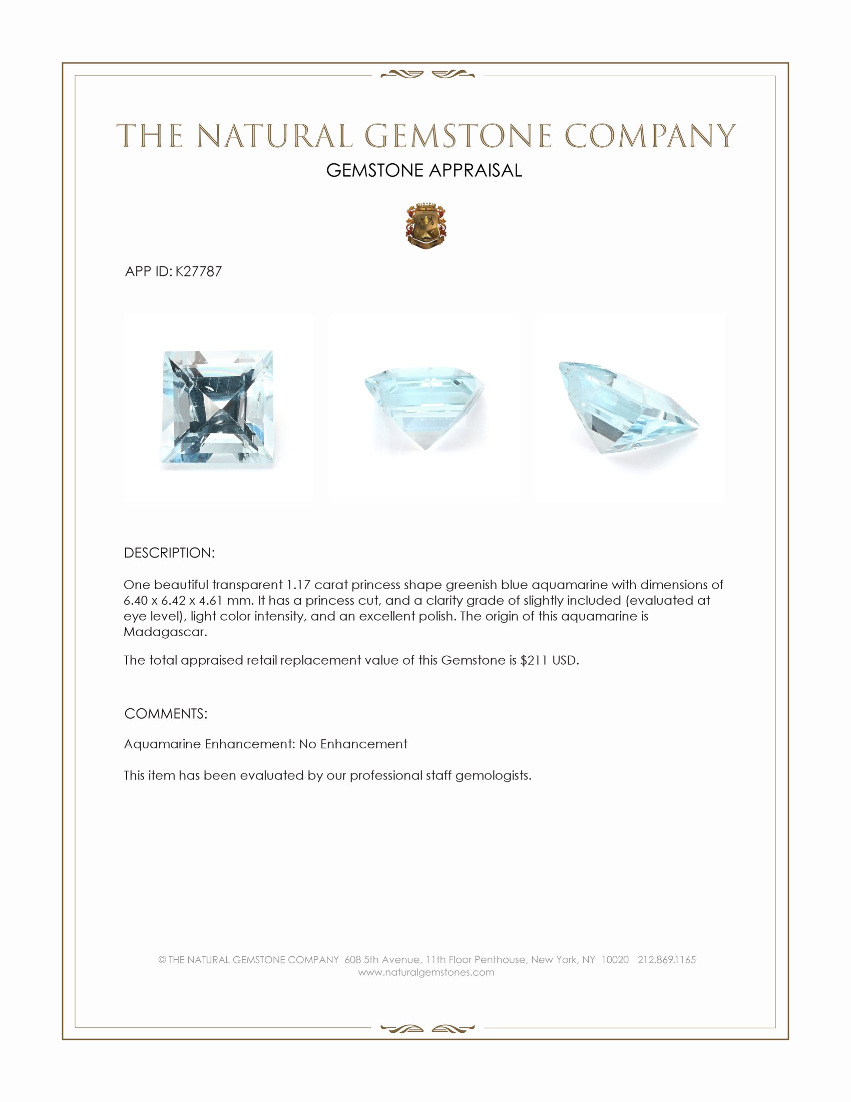 1.17 Ct. Greenish Blue Aquamarine from Madagascar