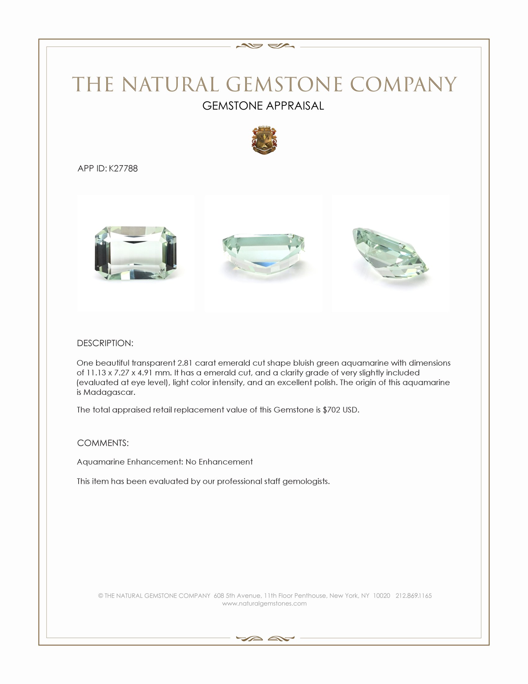 2.81 Ct. Bluish Green Aquamarine from Madagascar