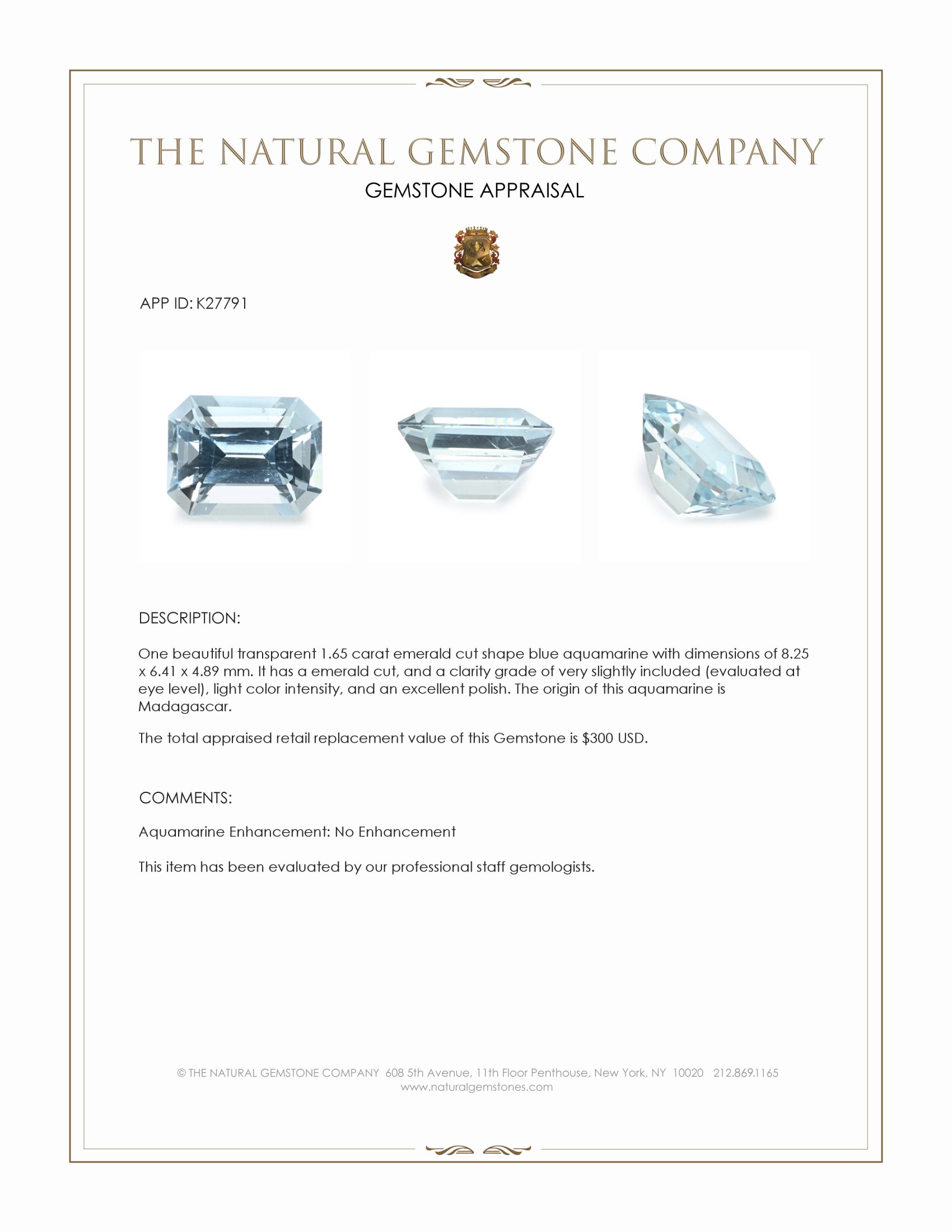 1.65 Ct. Blue Aquamarine from Madagascar