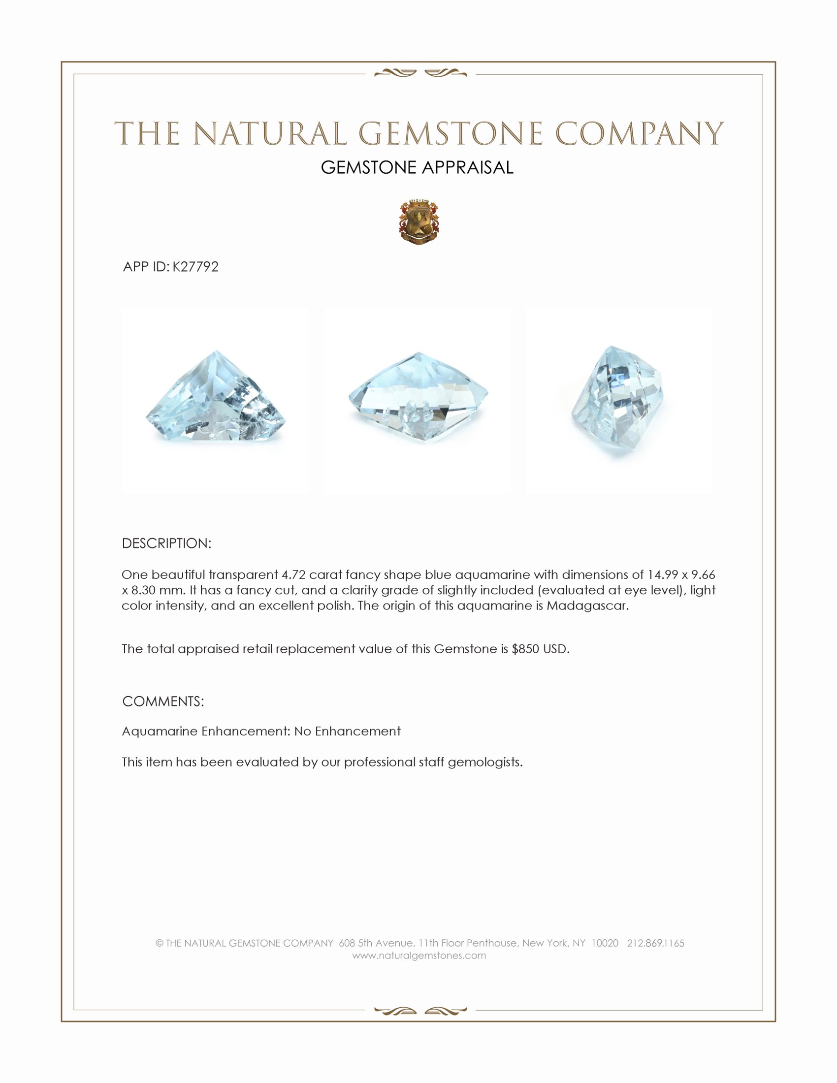 4.72 Ct. Blue Aquamarine from Madagascar