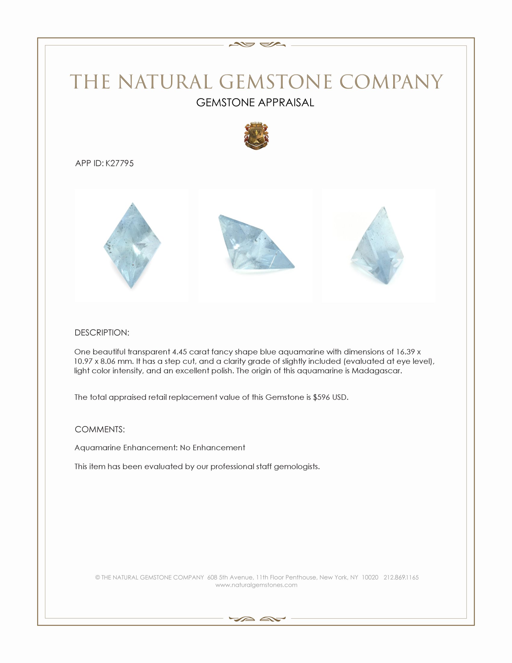 4.45 Ct. Blue Aquamarine from Madagascar