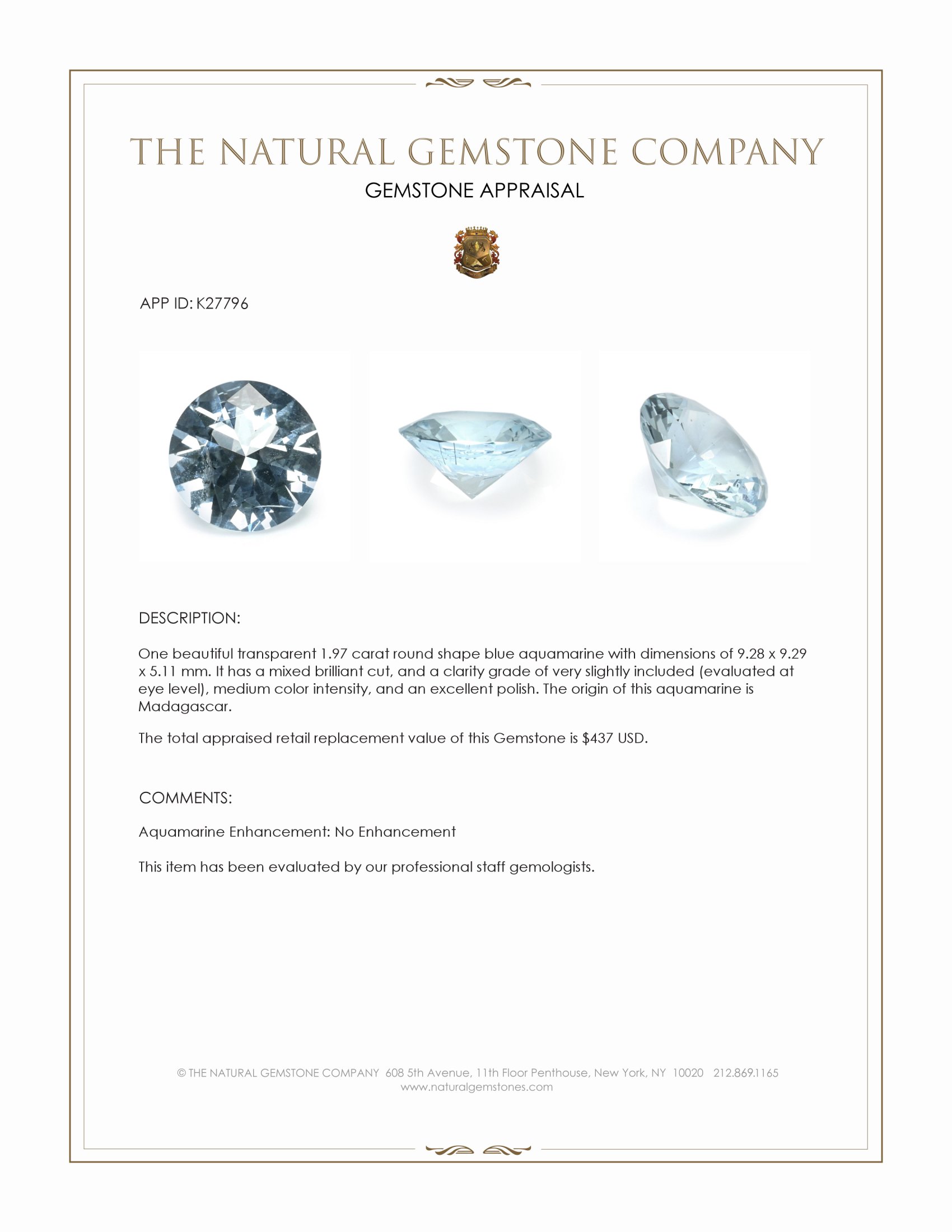1.97 Ct. Blue Aquamarine from Madagascar