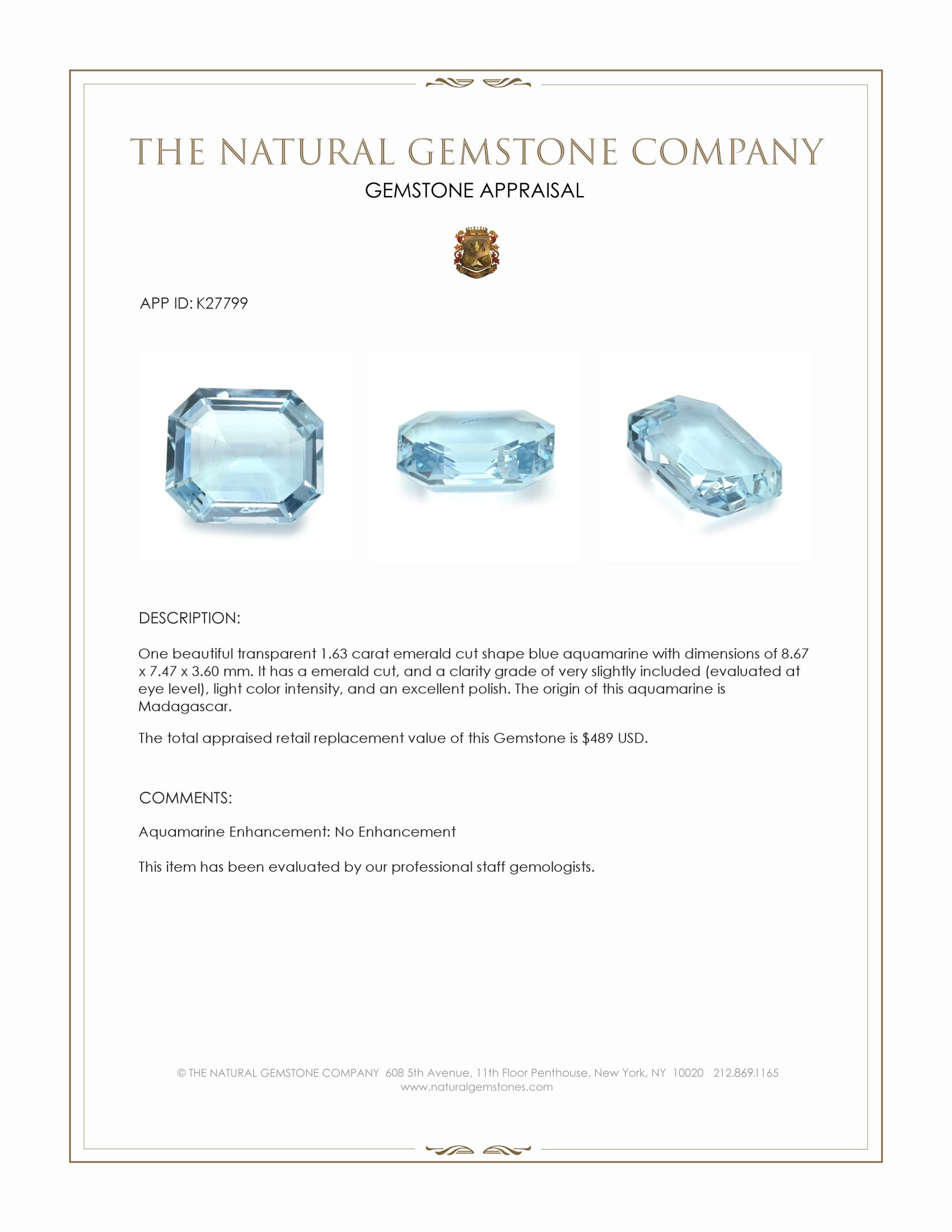 1.63 Ct. Blue Aquamarine from Madagascar