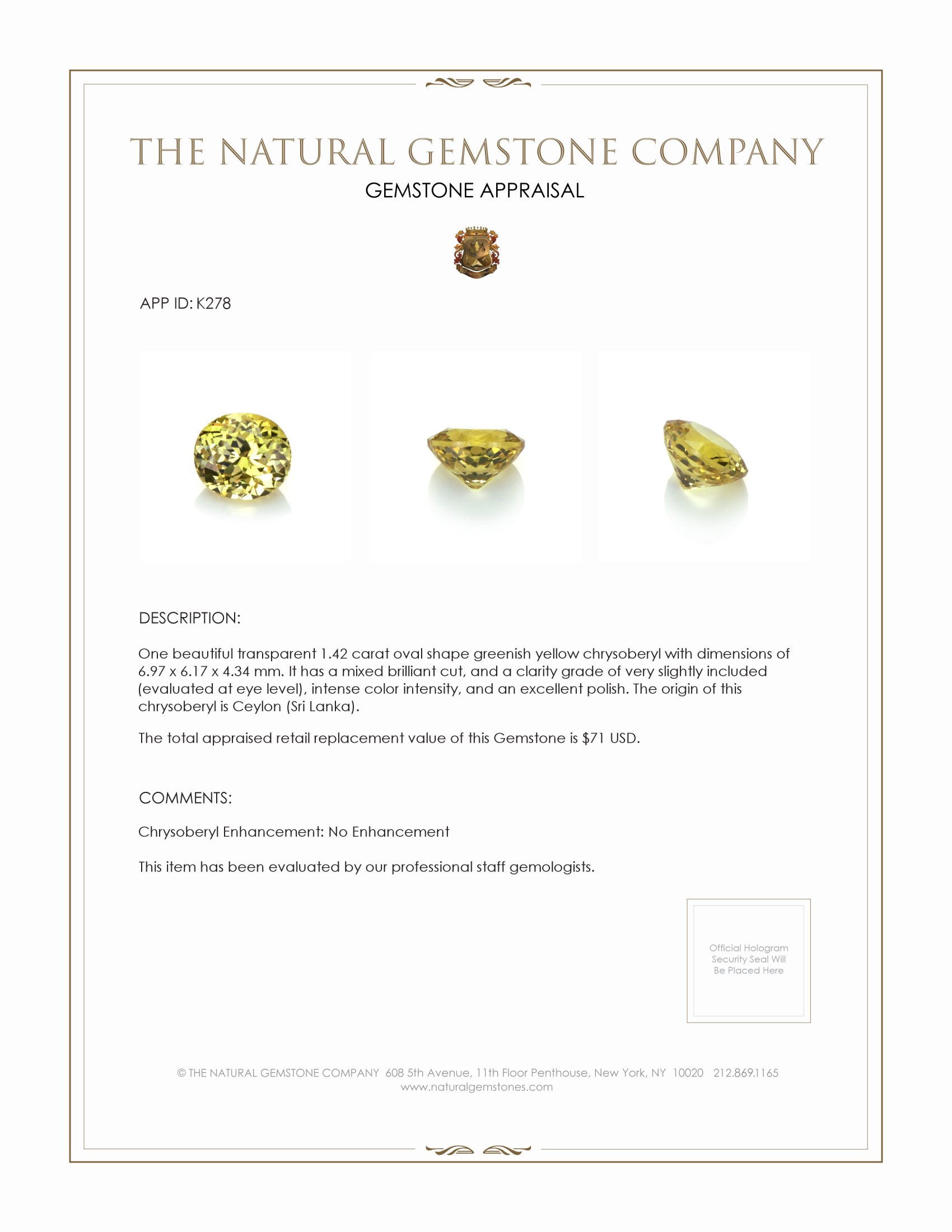 1.42 Ct. Chrysoberyl from Ceylon (Sri Lanka)