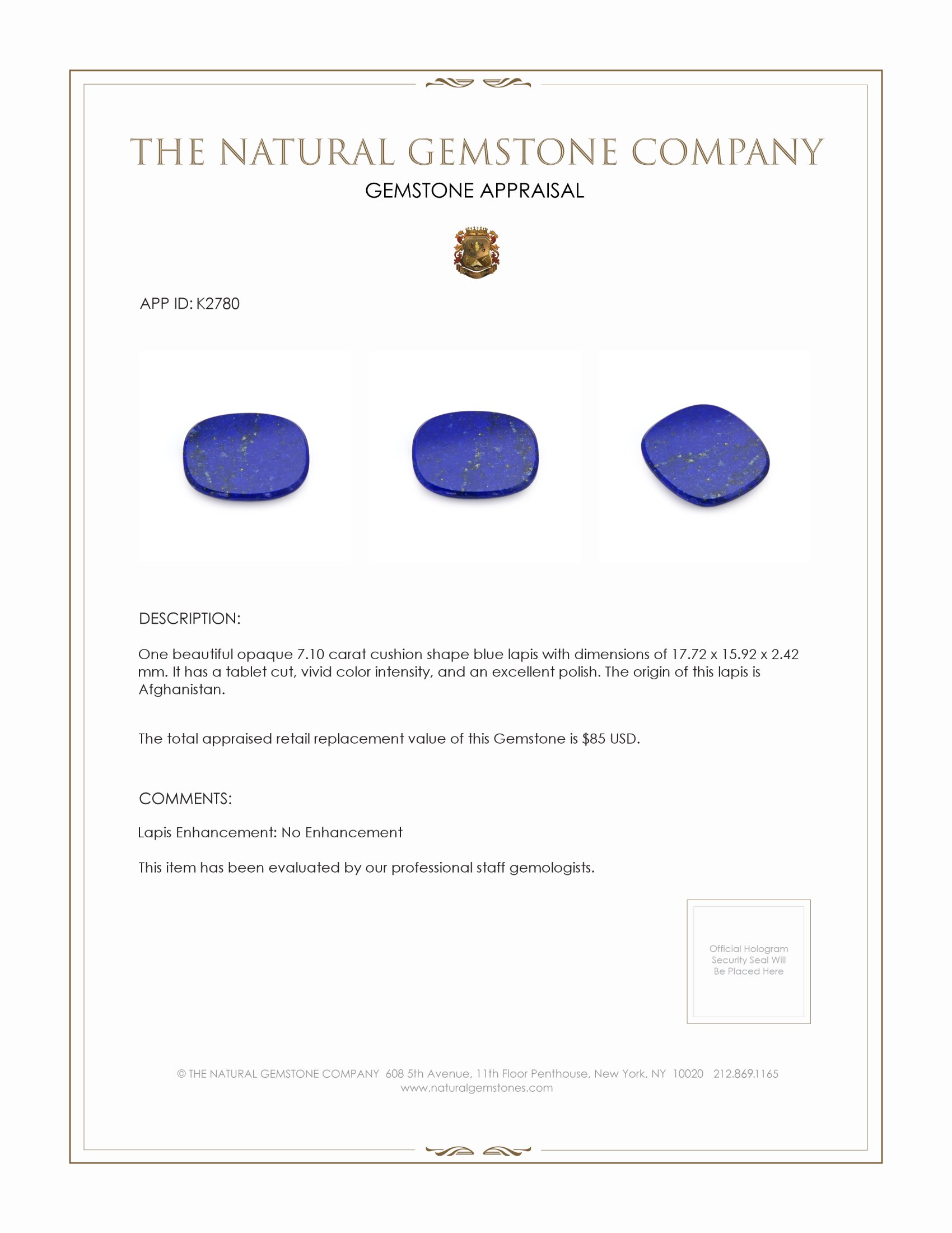 7.10 Ct. Lapis from Afghanistan