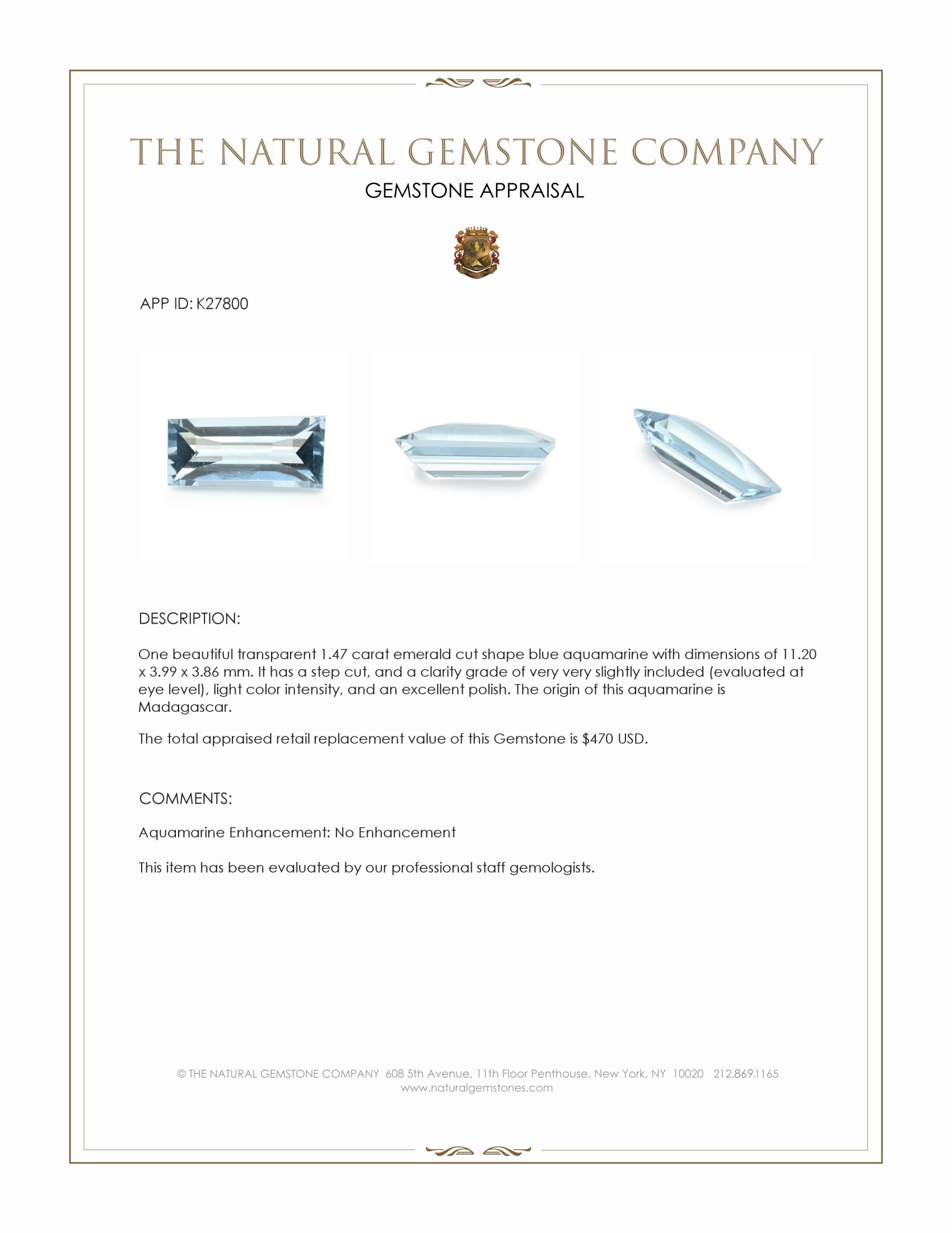 1.47 Ct. Blue Aquamarine from Madagascar