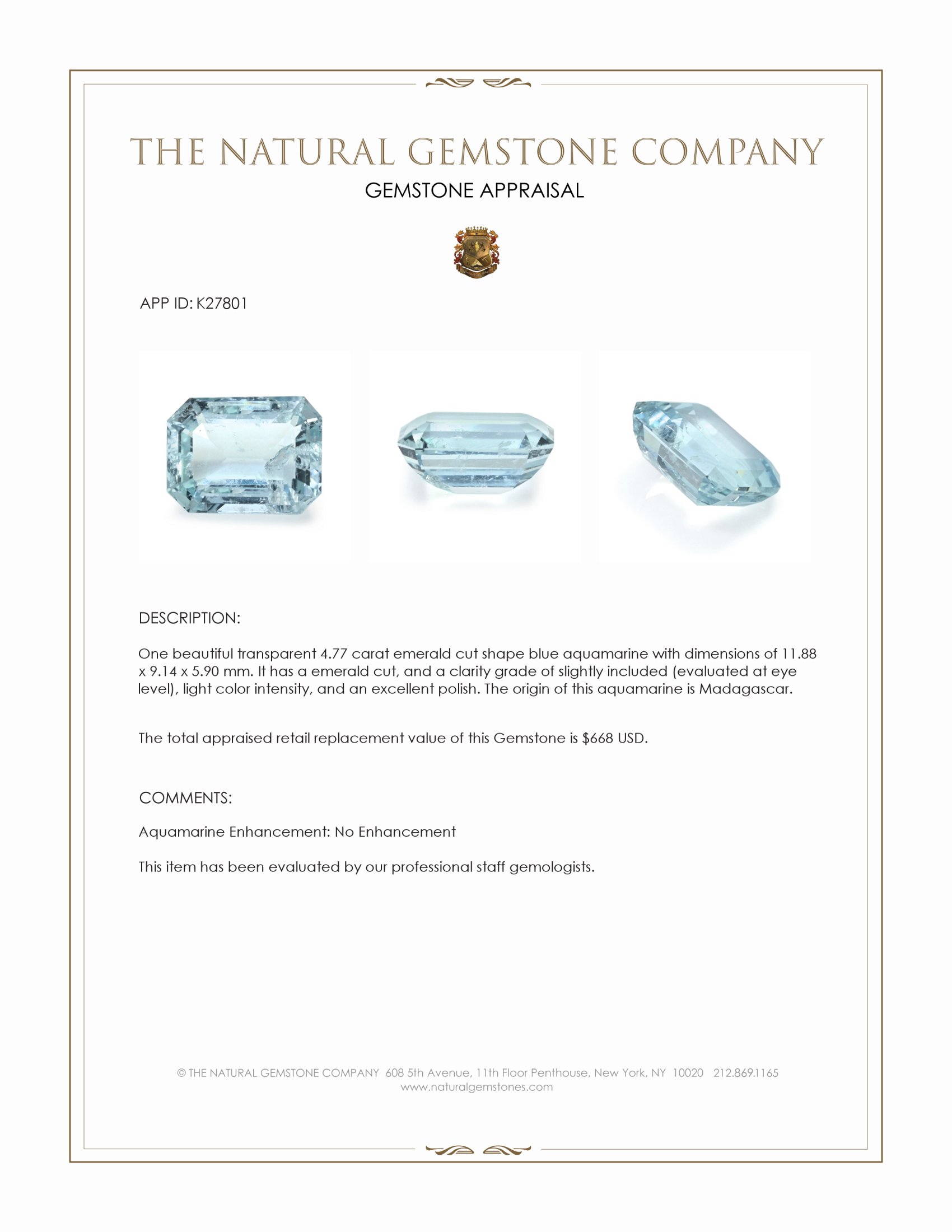 4.77 Ct. Blue Aquamarine from Madagascar