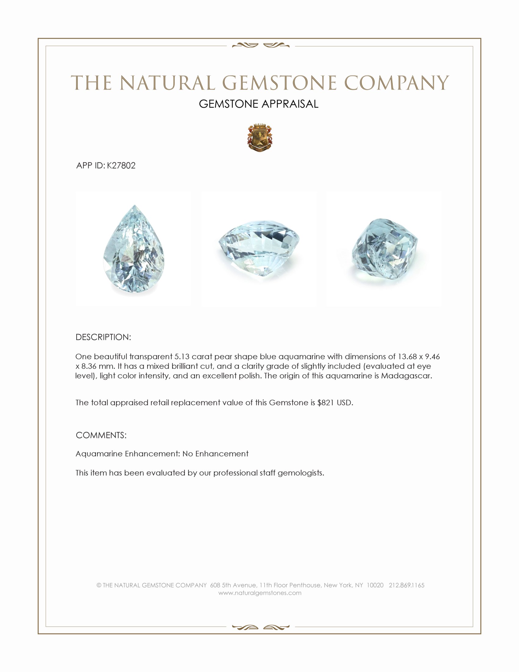 5.13 Ct. Blue Aquamarine from Madagascar