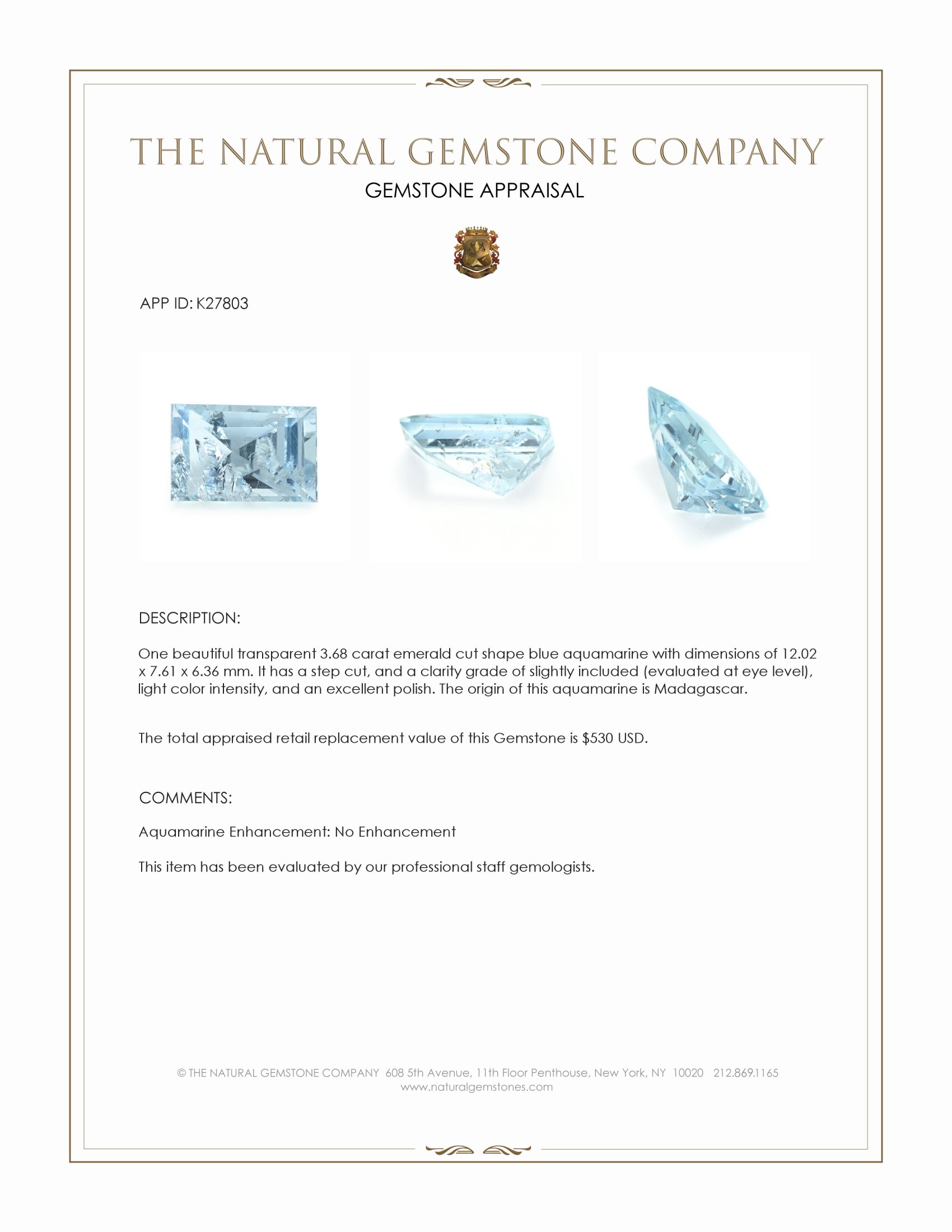 3.68 Ct. Blue Aquamarine from Madagascar