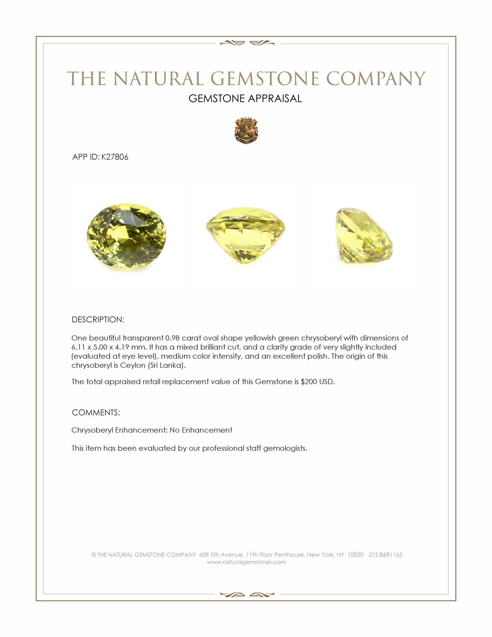 0.98 Ct. Yellowish Green Chrysoberyl from Ceylon (Sri Lanka)