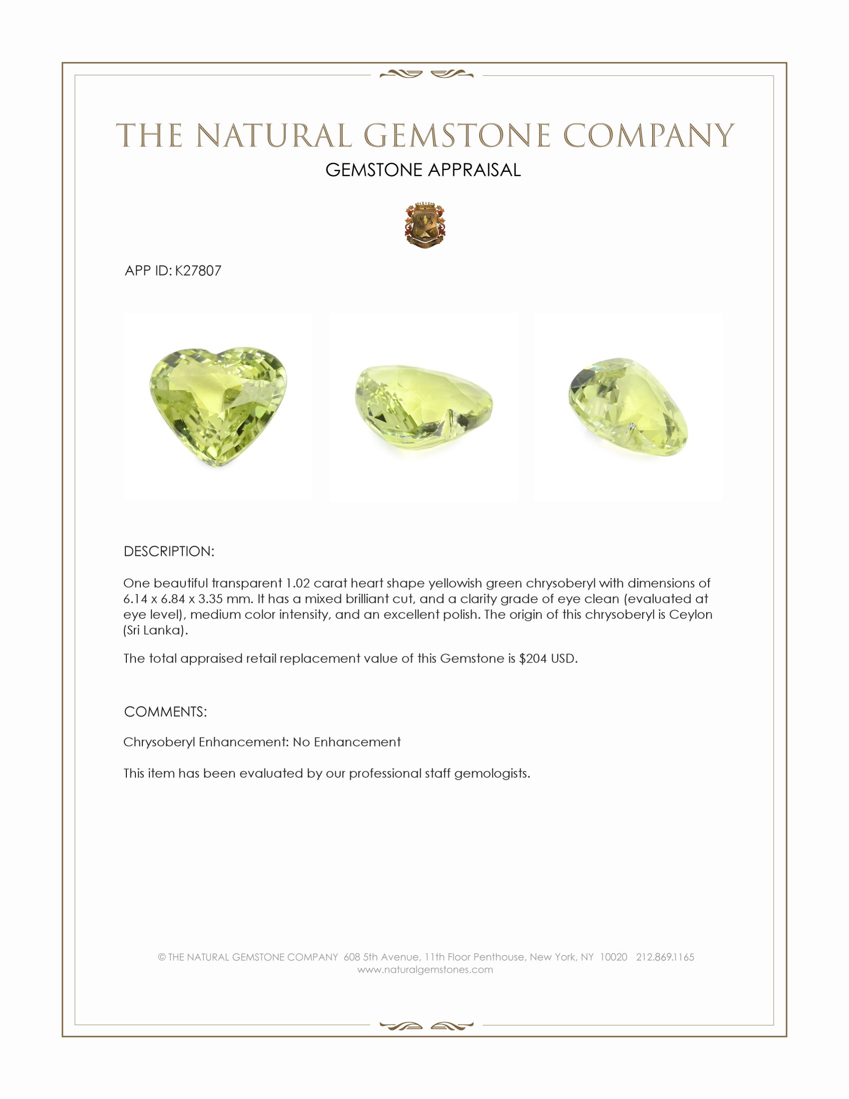 1.02 Ct. Yellowish Green Chrysoberyl from Ceylon (Sri Lanka)