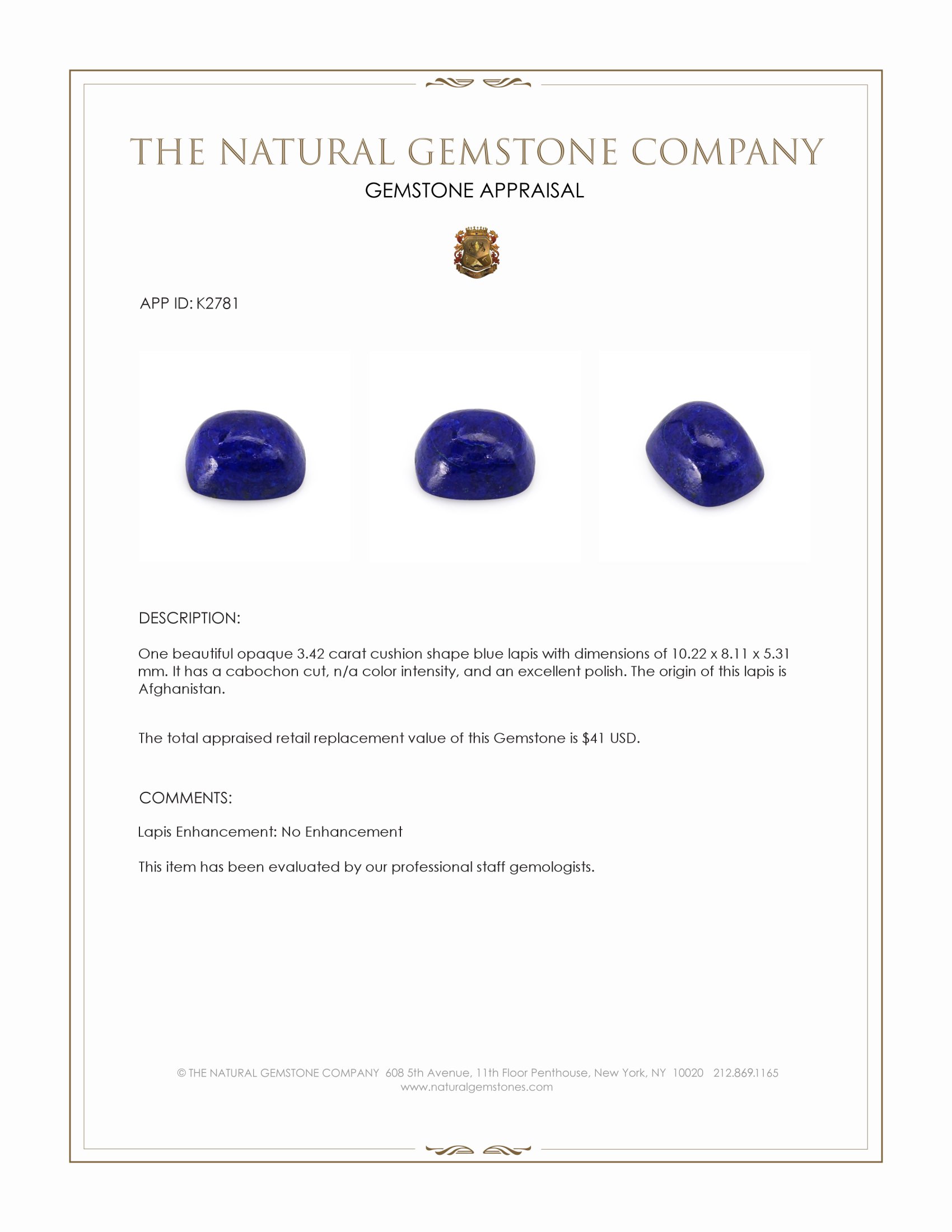3.42 Ct. Cabochon Lapis from Afghanistan