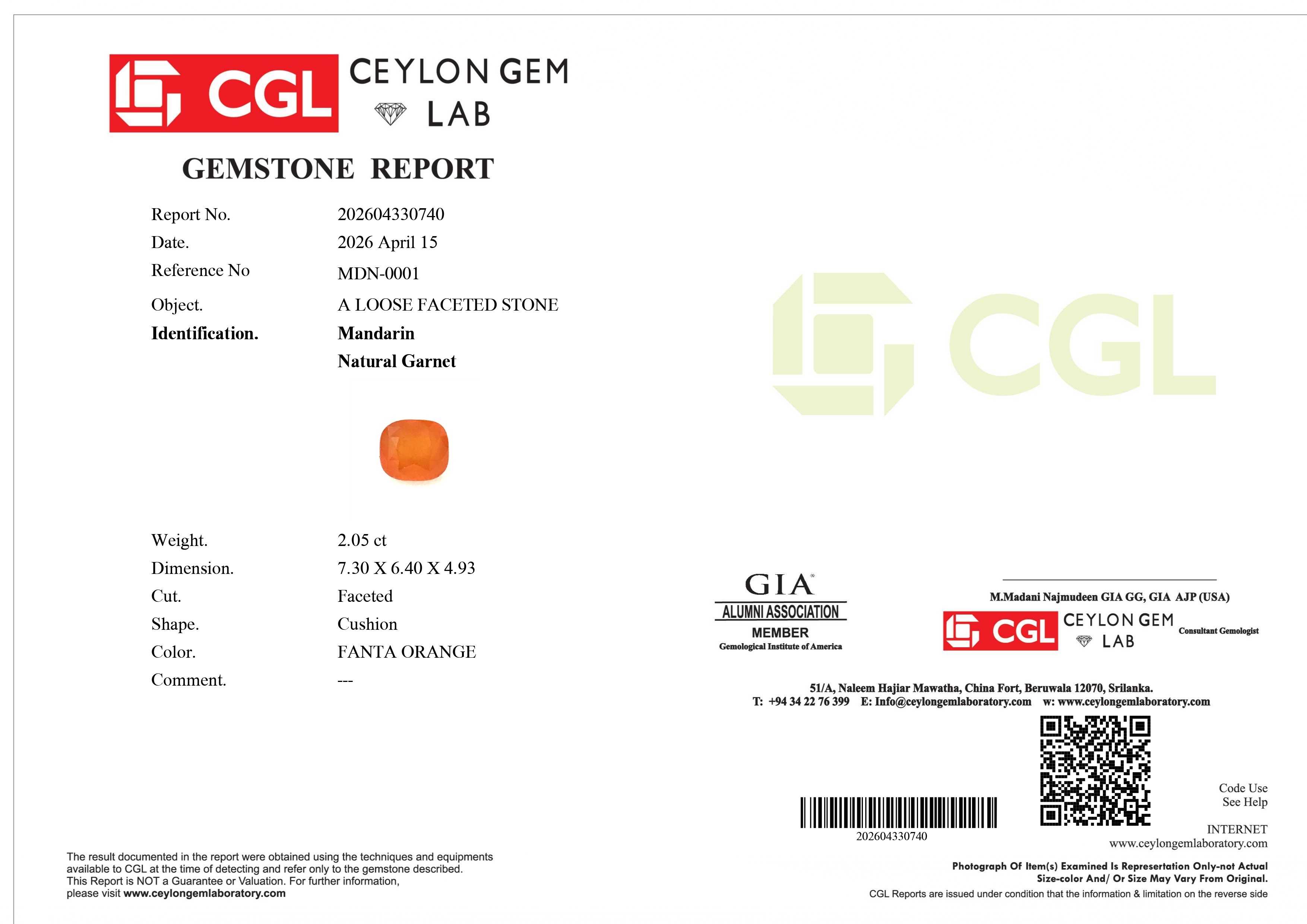 2.05 Ct. Orange Spessartite Garnet from Ceylon (Sri Lanka)