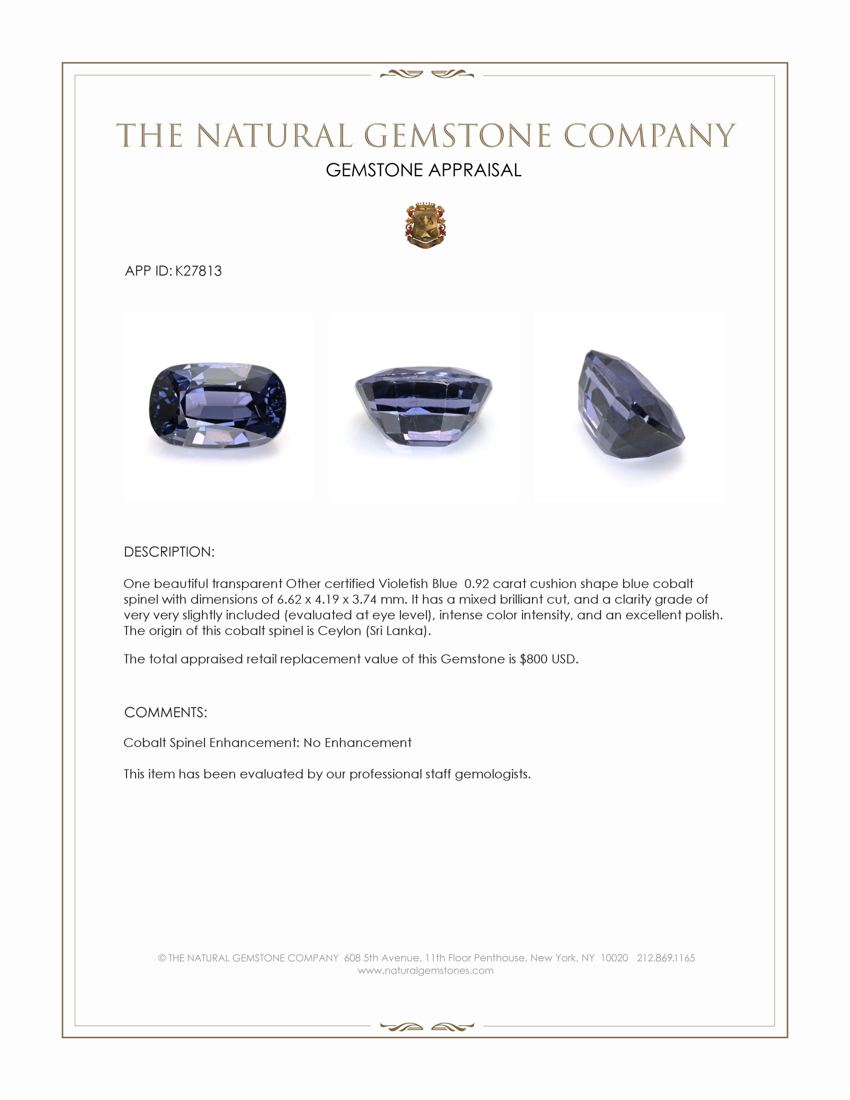 0.92 Ct. Blue Cobalt Spinel from Ceylon (Sri Lanka)