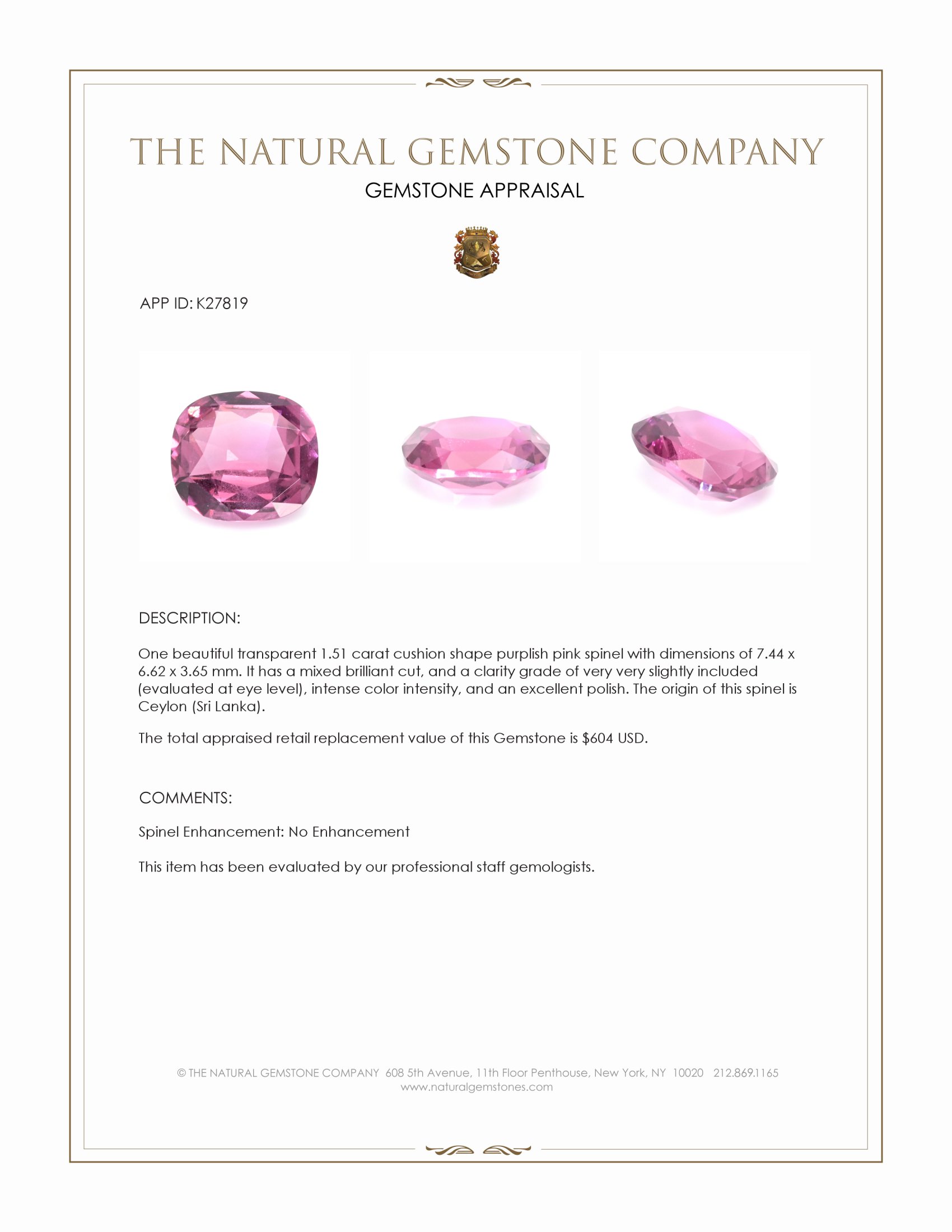 1.51 Ct. Purplish Pink Spinel from Ceylon (Sri Lanka)