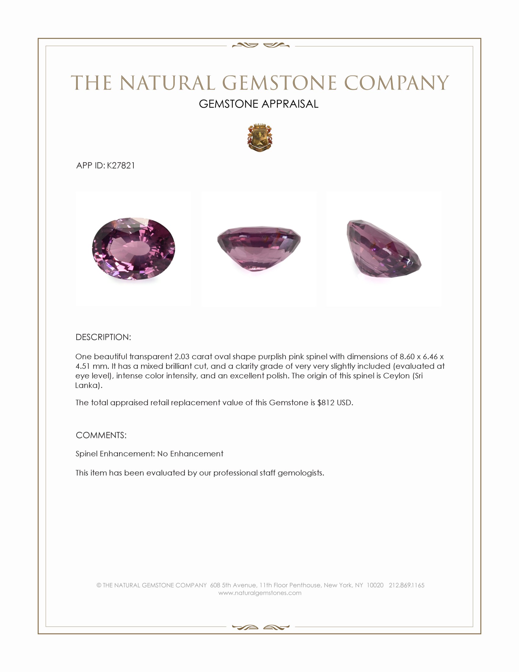 2.03 Ct. Purplish Pink Spinel from Ceylon (Sri Lanka)