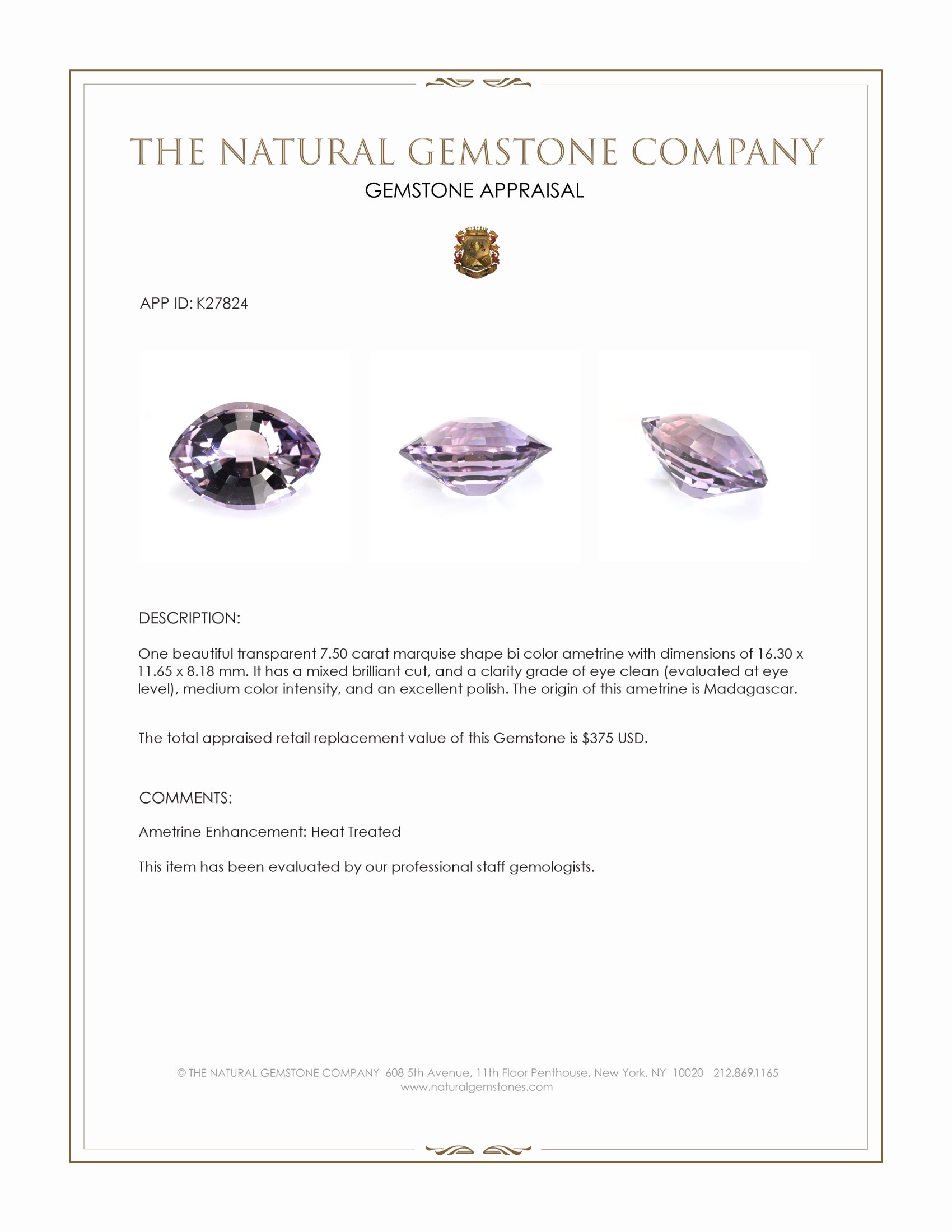 7.50 Ct. Bi Color Ametrine from Madagascar