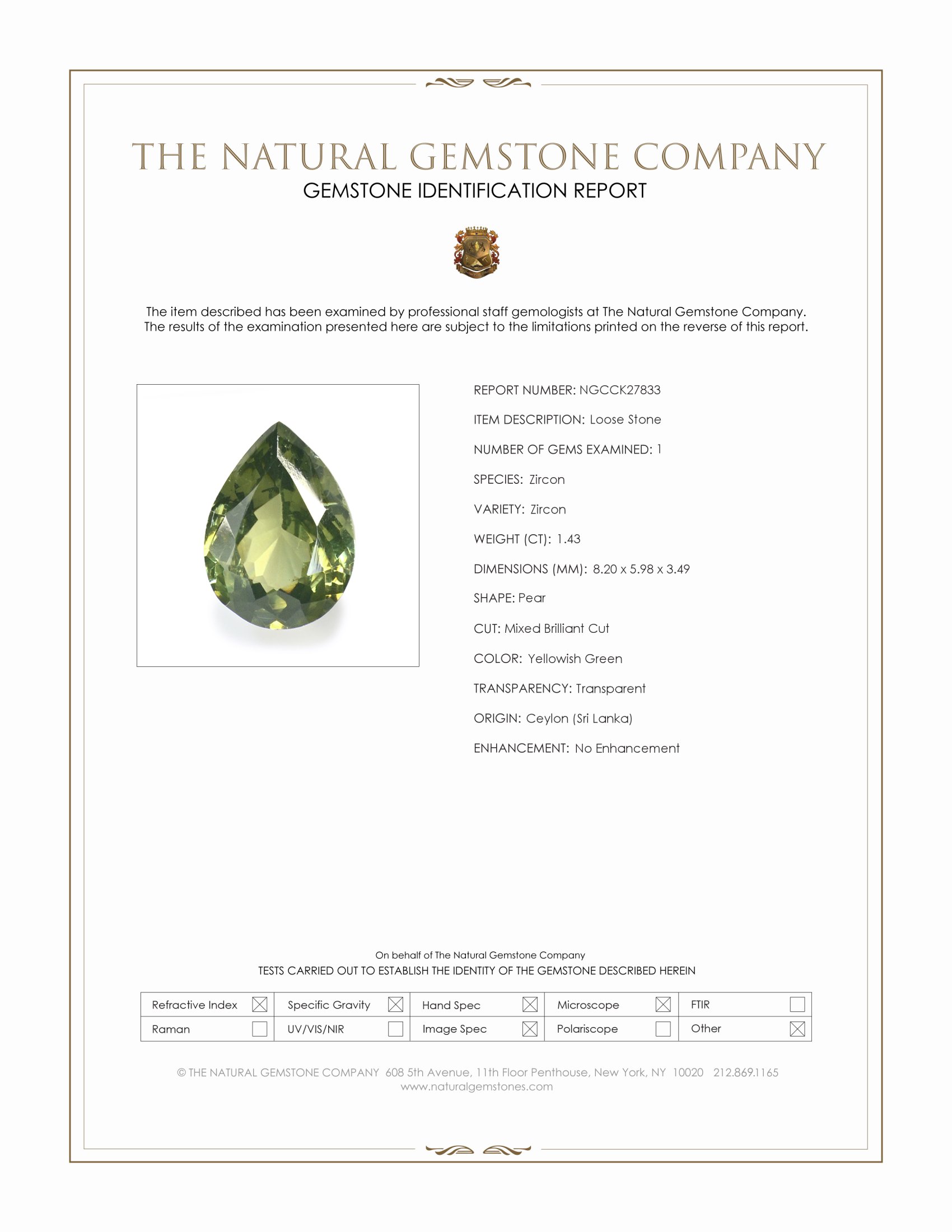 1.43 Ct. Yellowish Green Zircon from Ceylon (Sri Lanka)