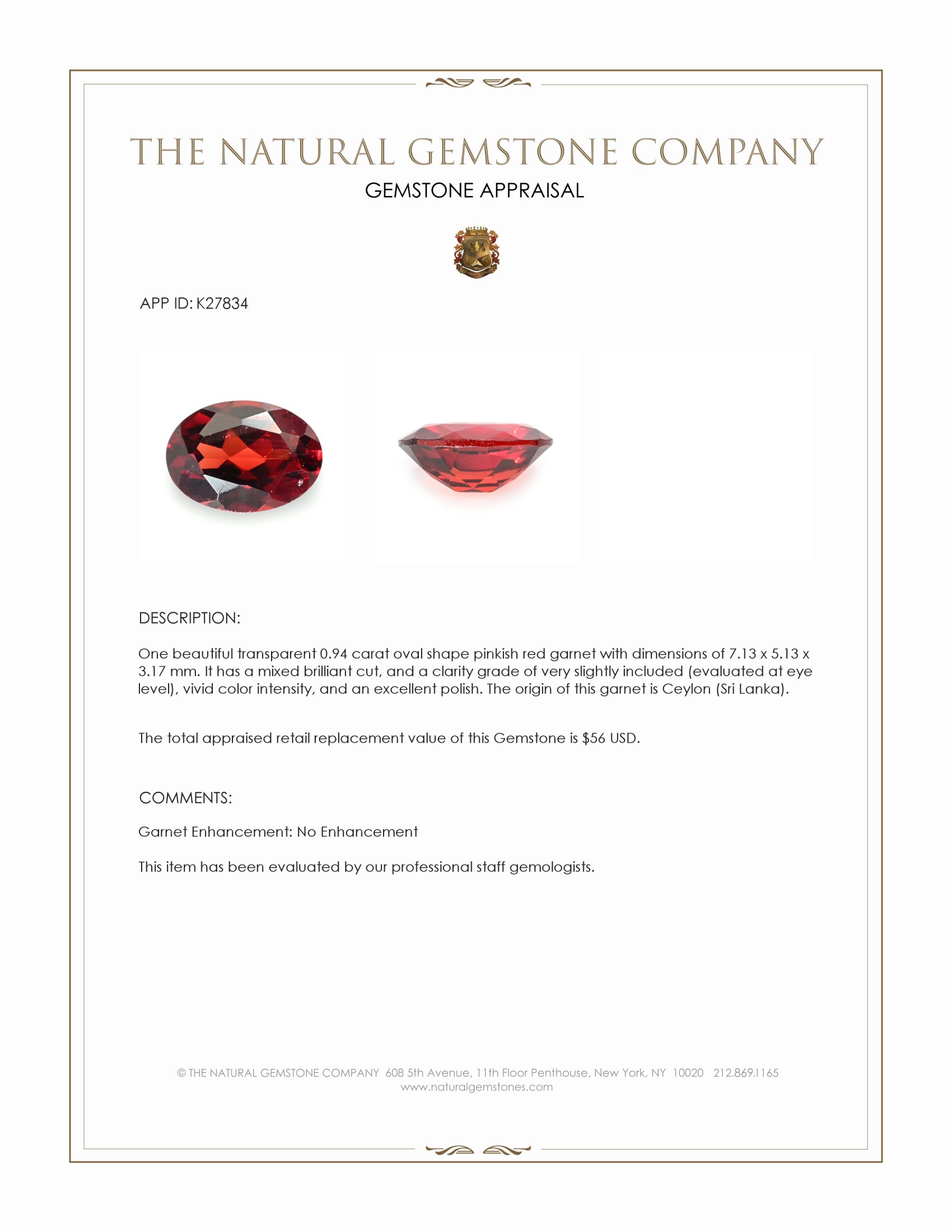 0.94 Ct. Pinkish Red Garnet from Ceylon (Sri Lanka)