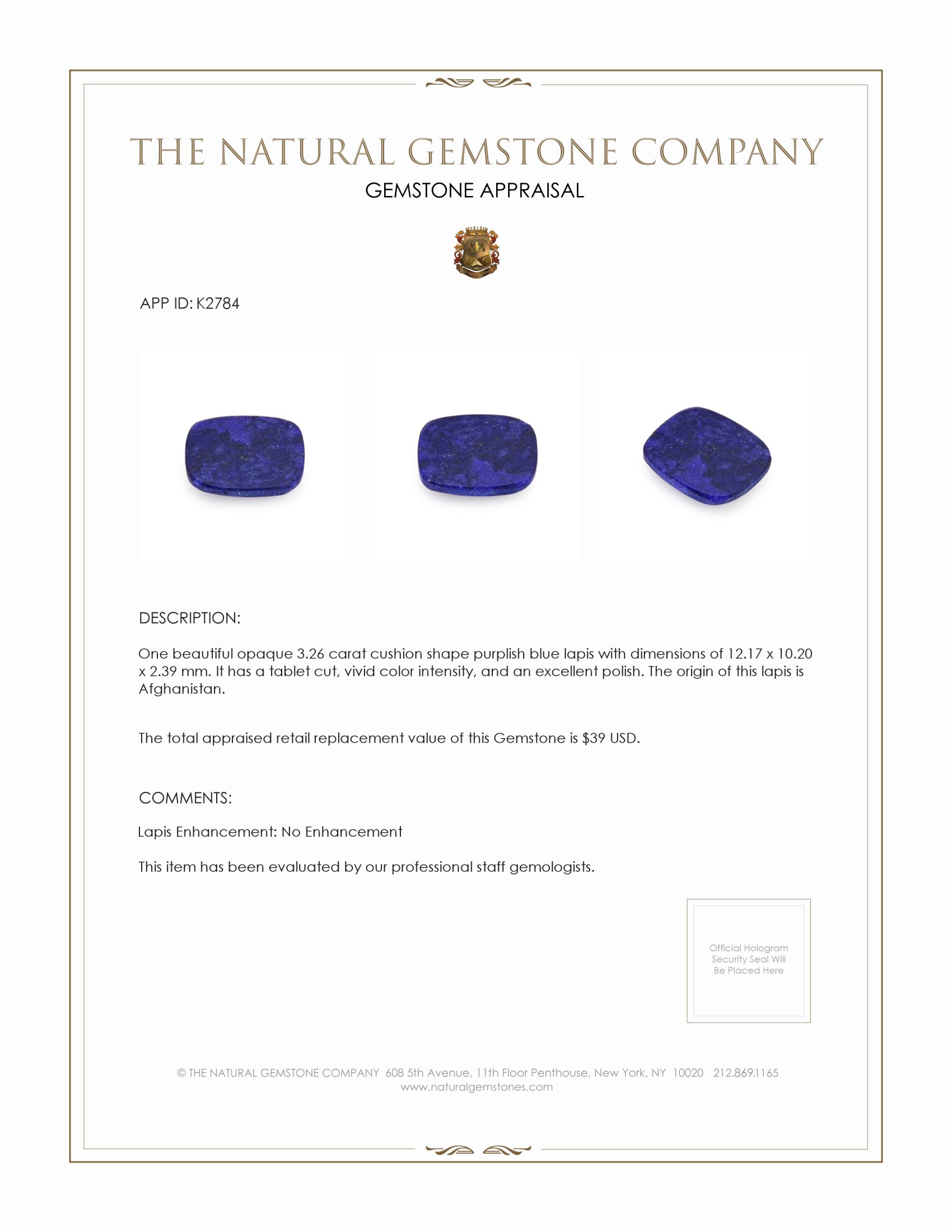 3.26 Ct. Lapis from Afghanistan