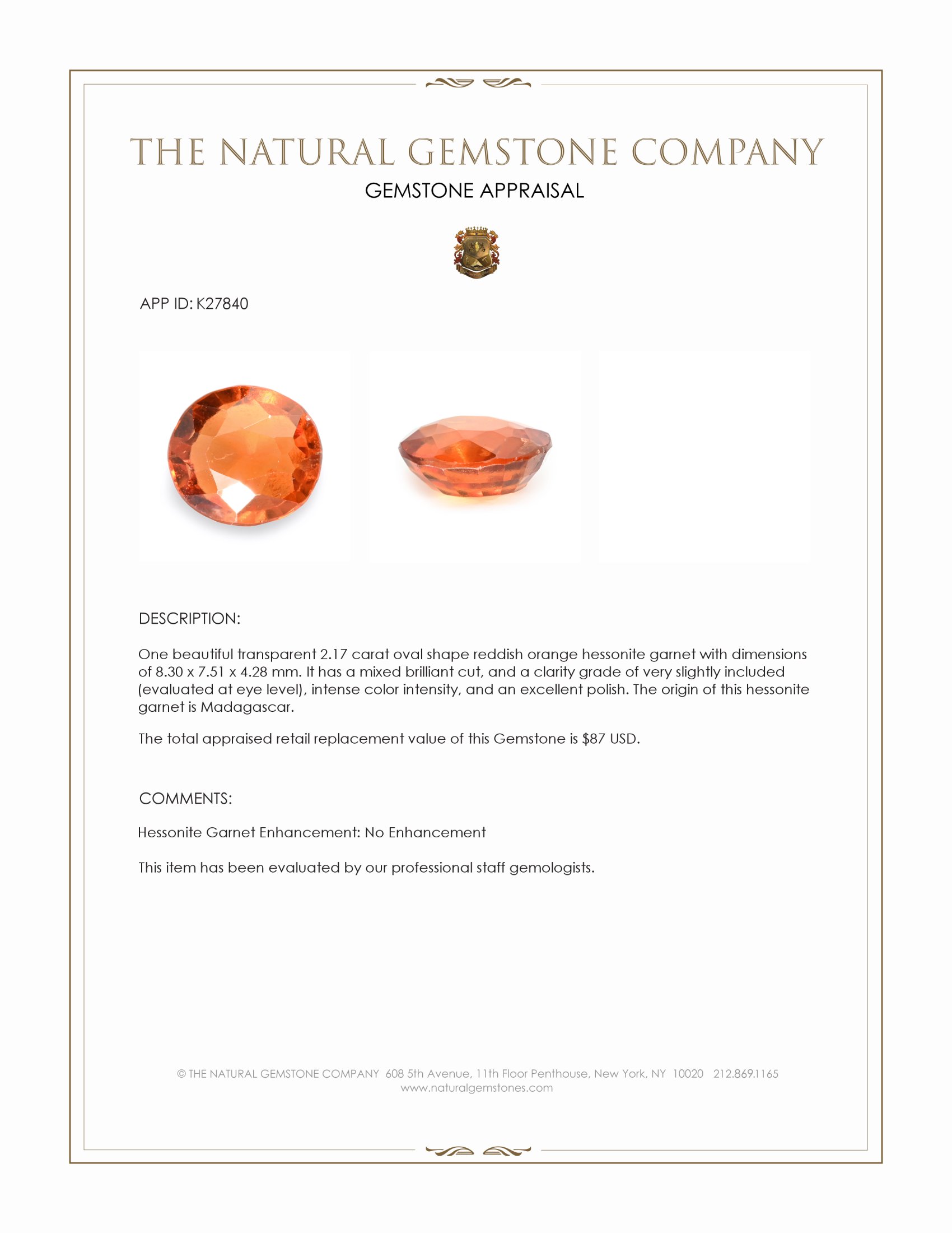 2.17 Ct. Reddish Orange Hessonite Garnet from Madagascar