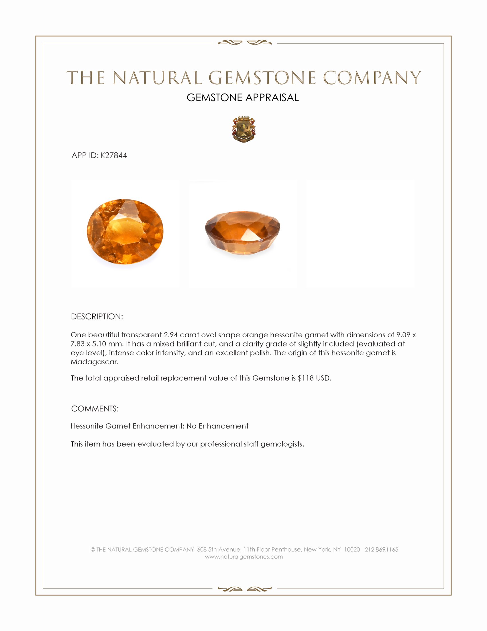 2.94 Ct. Orange Hessonite Garnet from Madagascar