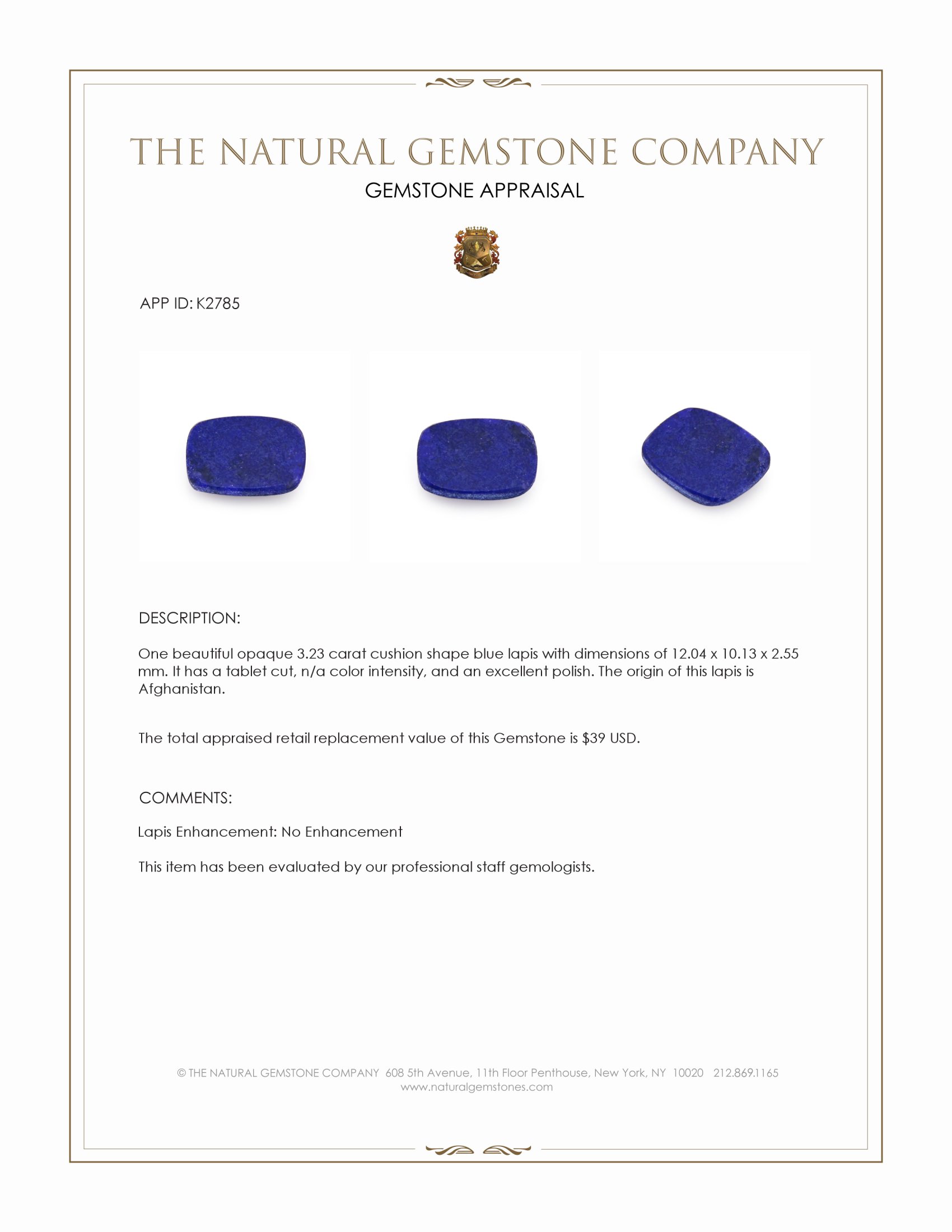 3.23 Ct. Lapis from Afghanistan