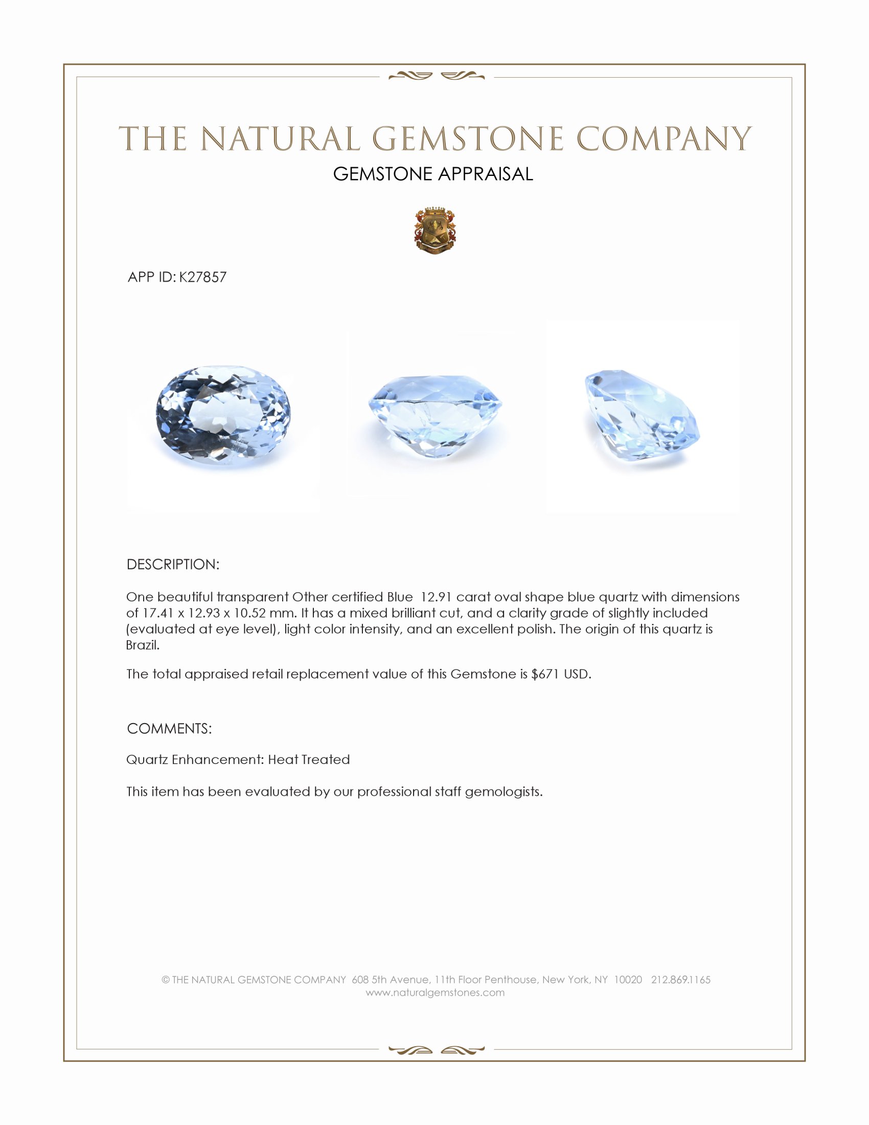 12.91 Ct. Blue Quartz from Brazil