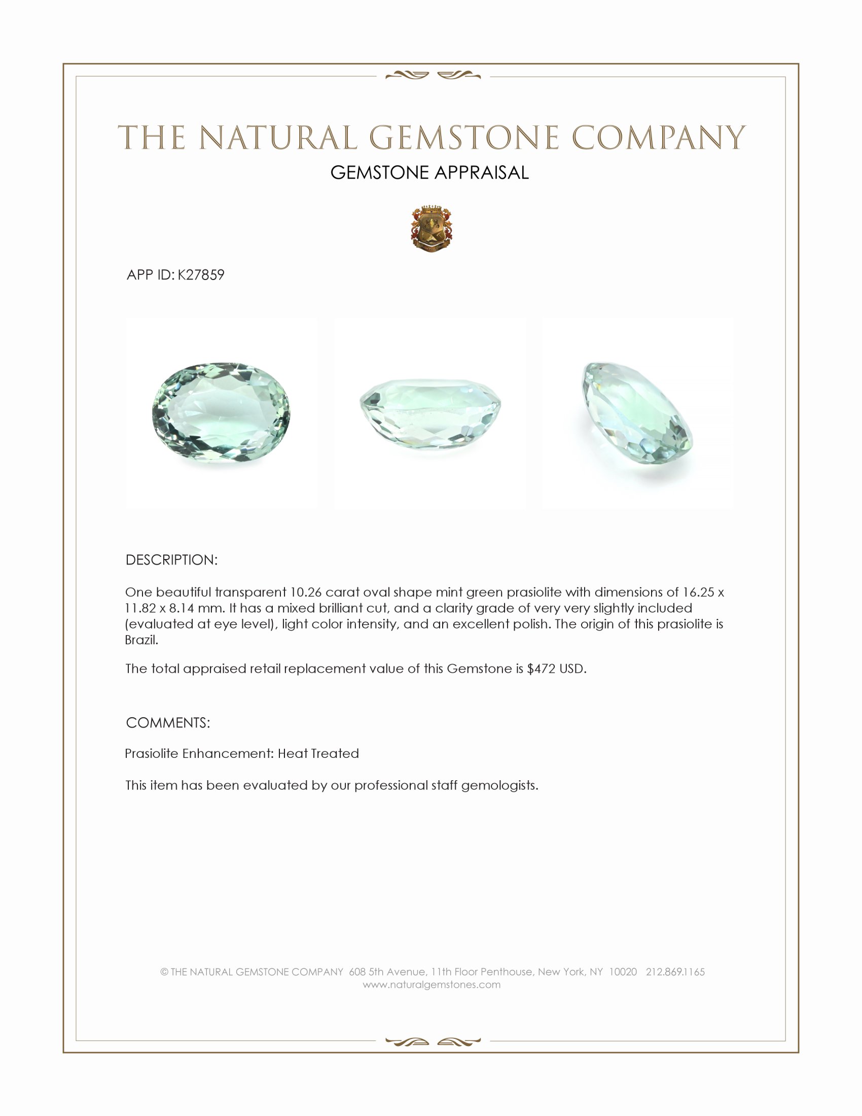 10.26 Ct. Mint Green Prasiolite from Brazil