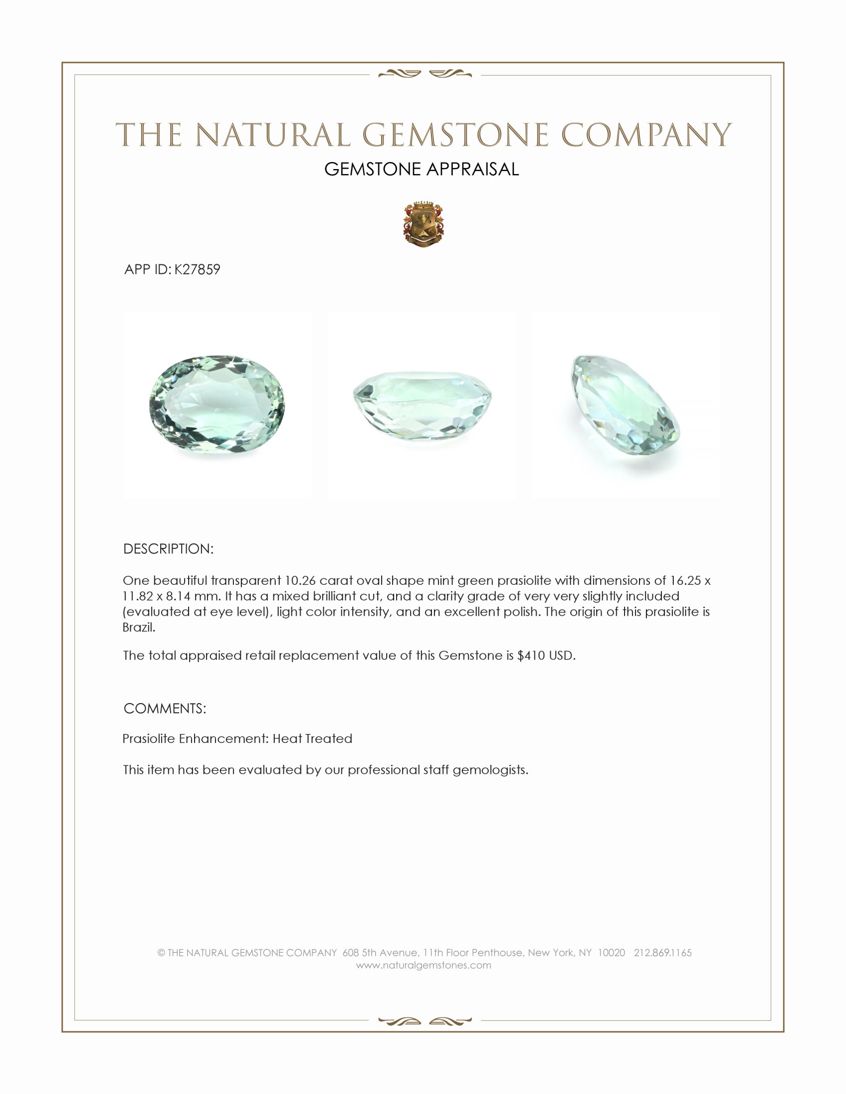 10.26 Ct. Mint Green Prasiolite from Brazil