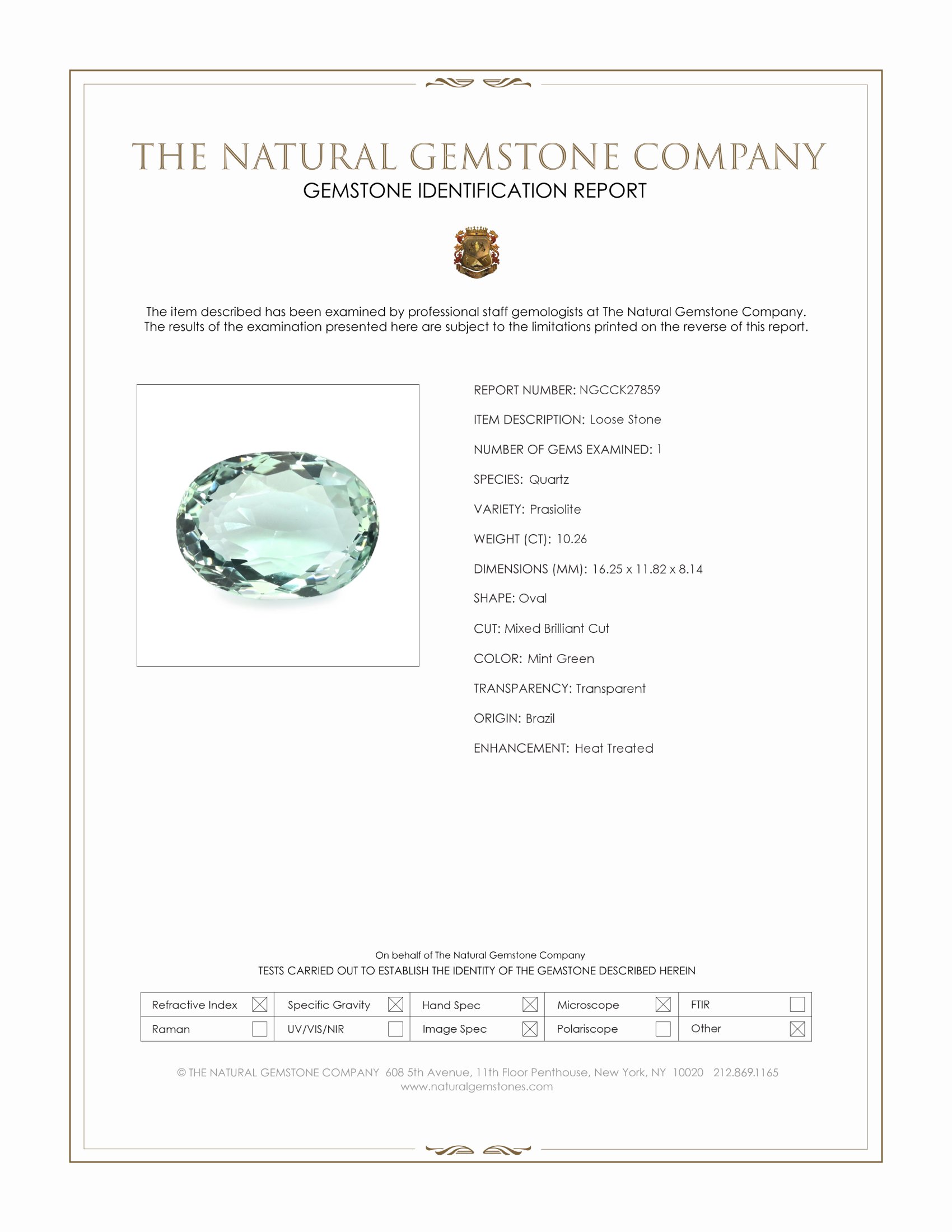 10.26 Ct. Mint Green Prasiolite from Brazil