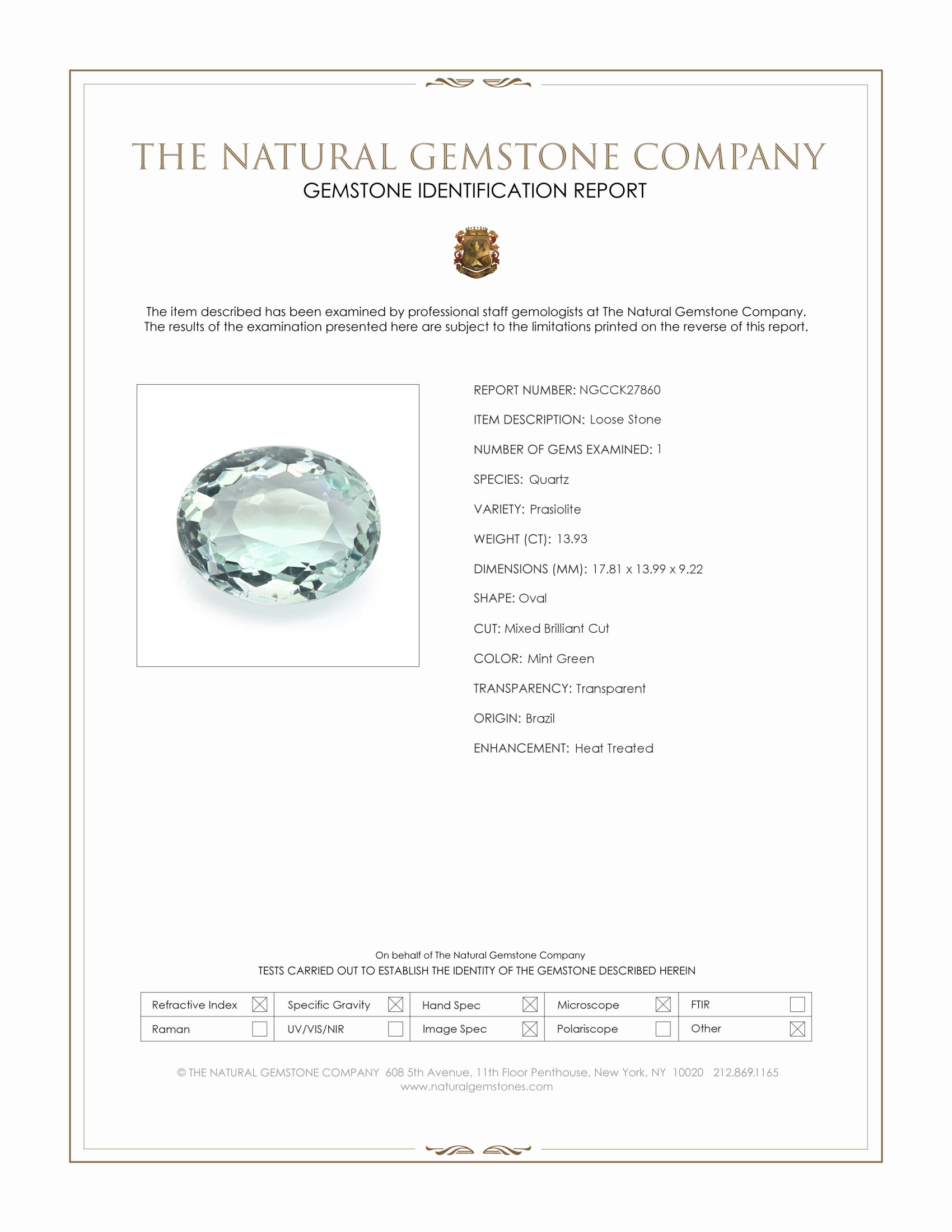 13.93 Ct. Mint Green Prasiolite from Brazil