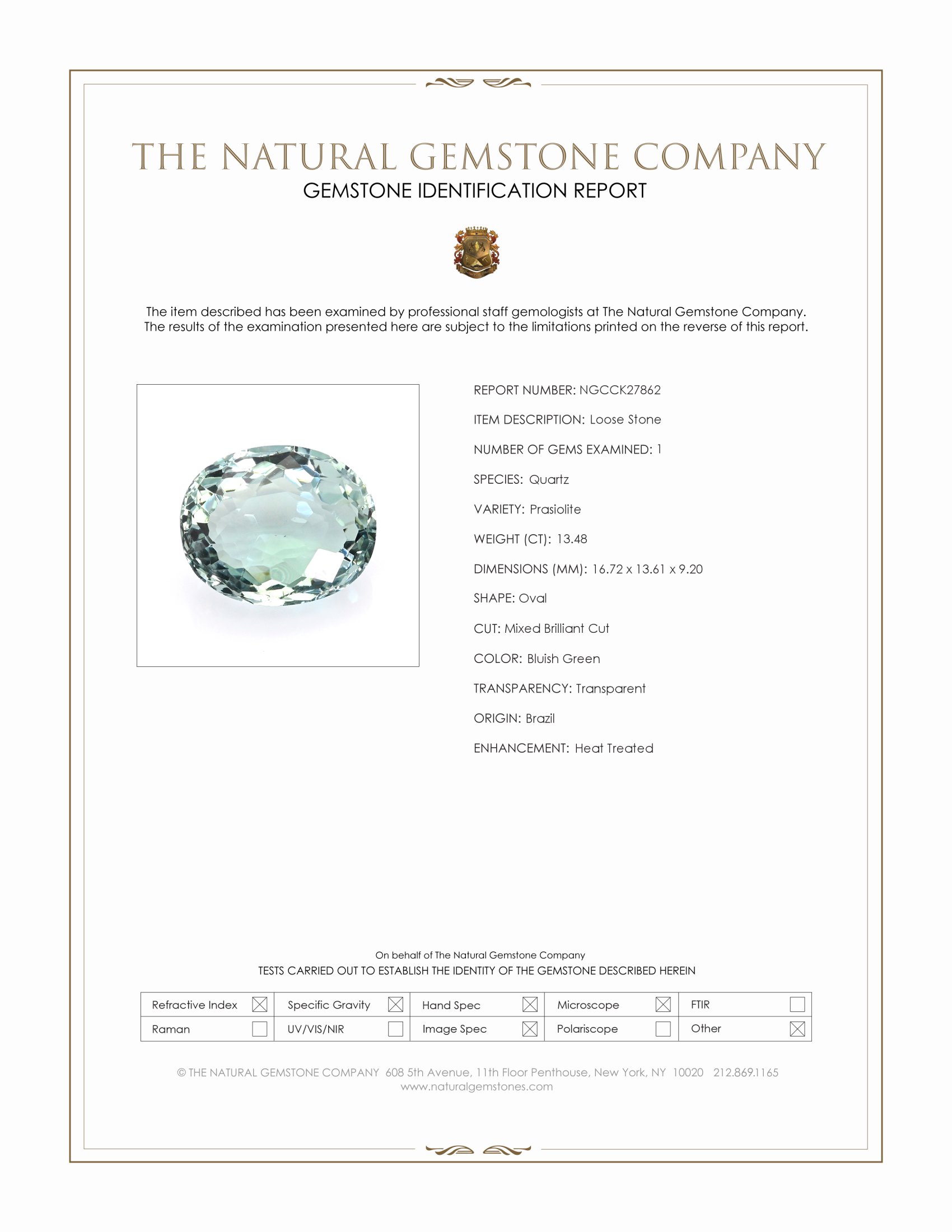 13.48 Ct. Bluish Green Prasiolite from Brazil