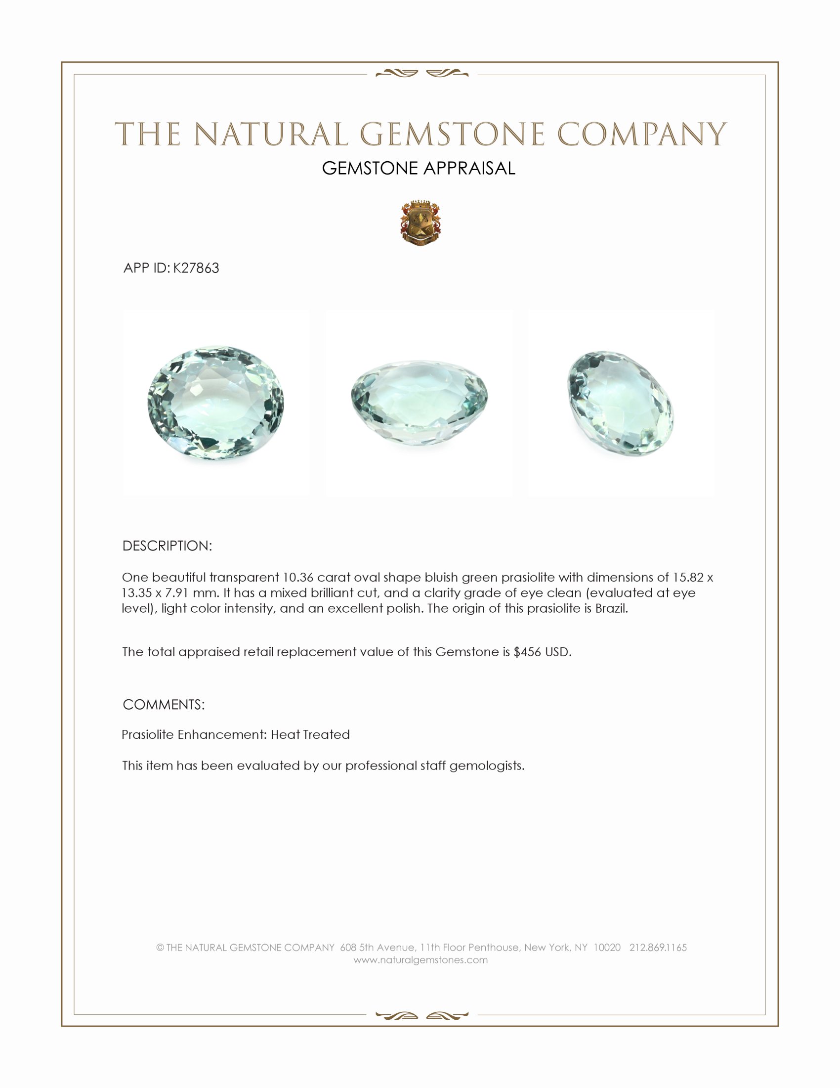 10.36 Ct. Bluish Green Prasiolite from Brazil