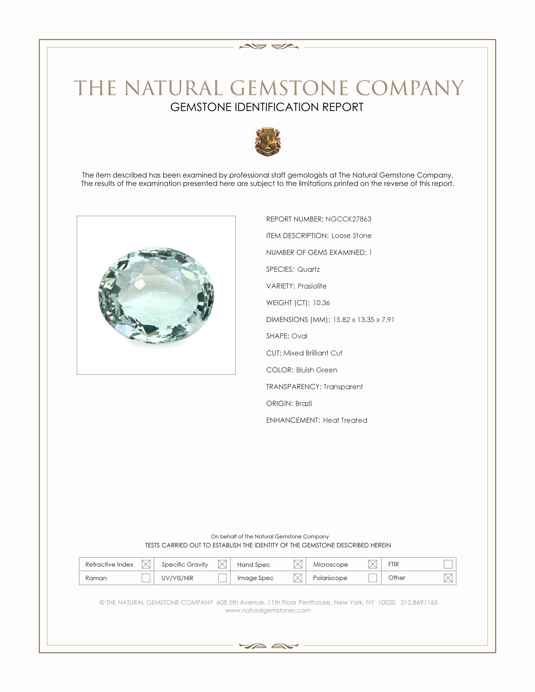 10.36 Ct. Bluish Green Prasiolite from Brazil