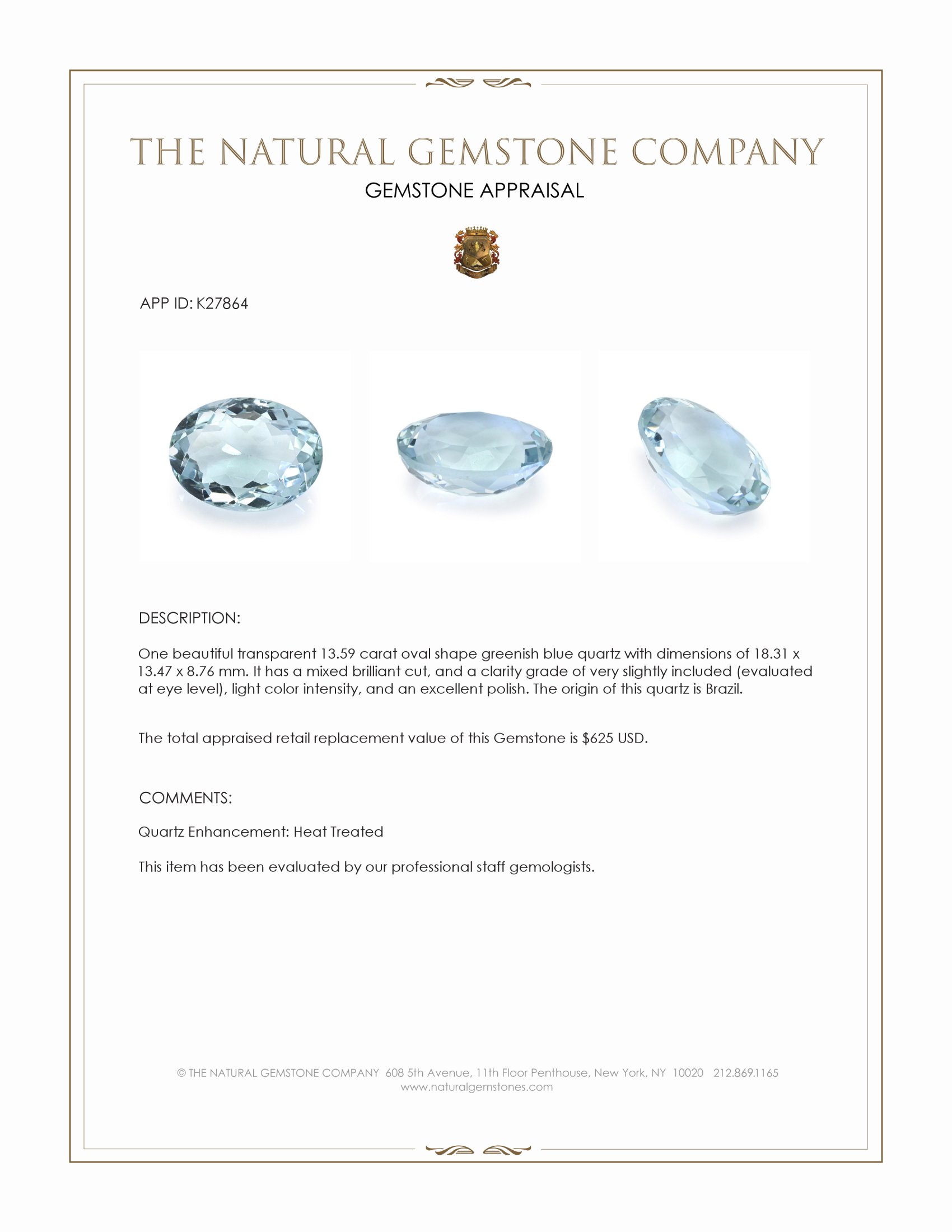 13.59 Ct. Greenish Blue Quartz from Brazil