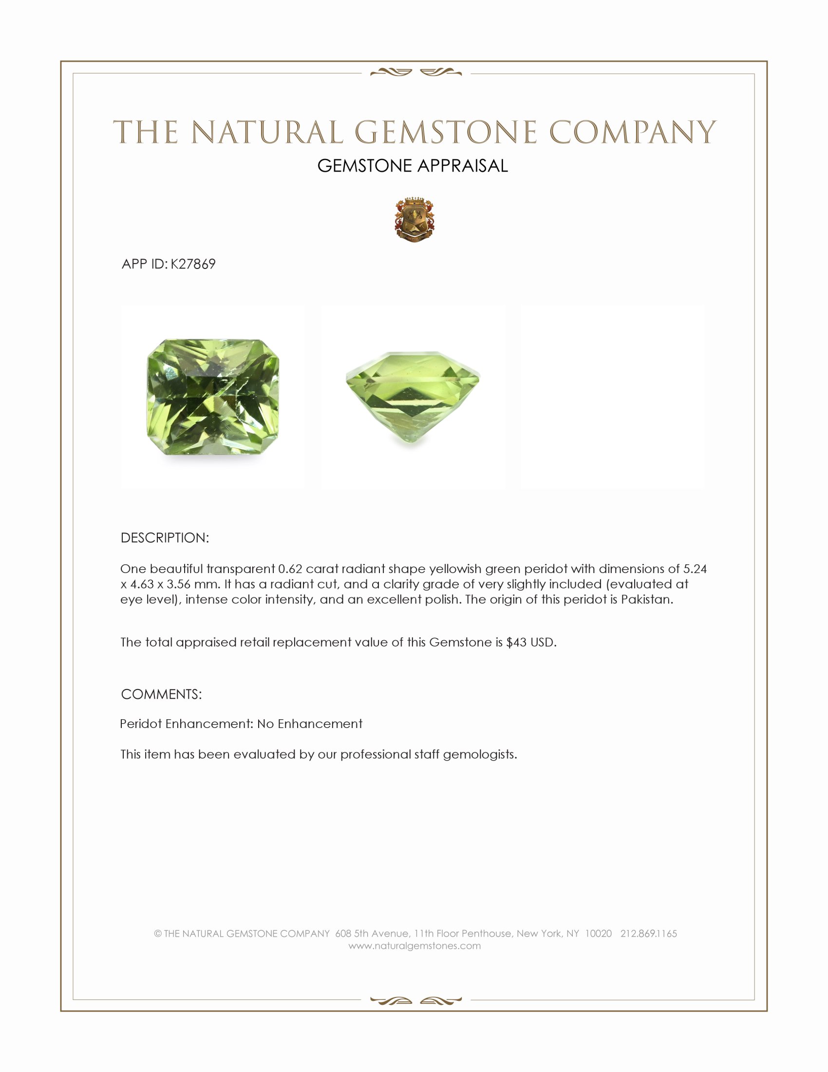 0.62 Ct. Yellowish Green Peridot from Pakistan