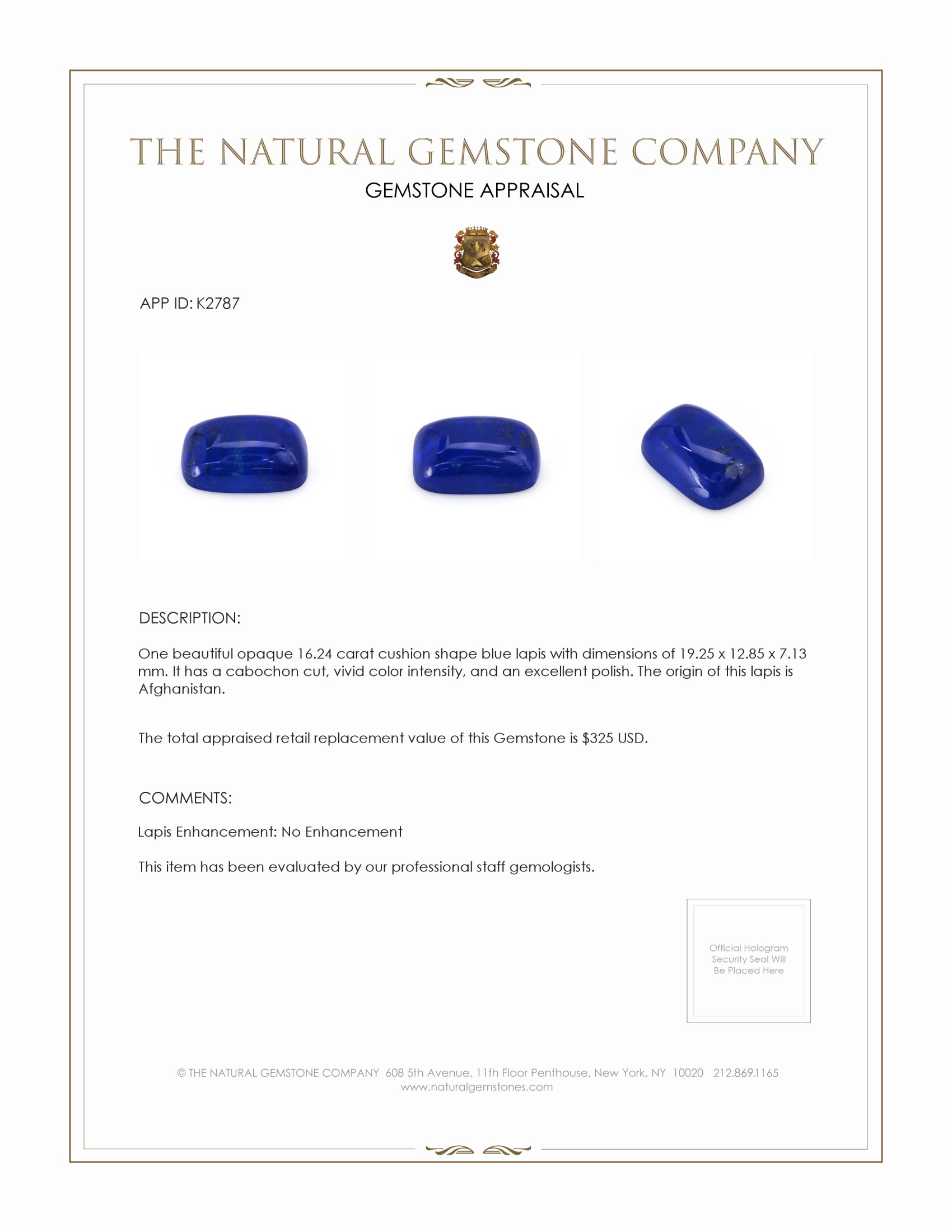 16.24 Ct. Cabochon Lapis from Afghanistan