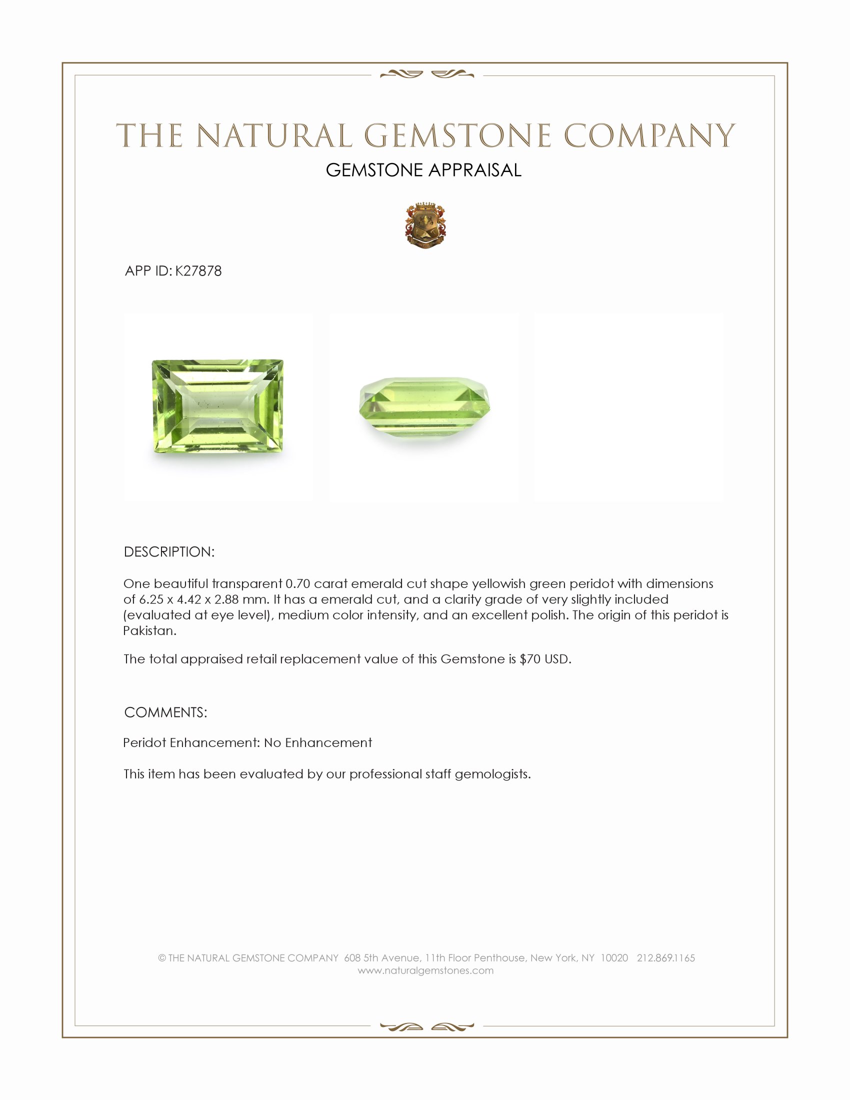 0.70 Ct. Yellowish Green Peridot from Pakistan