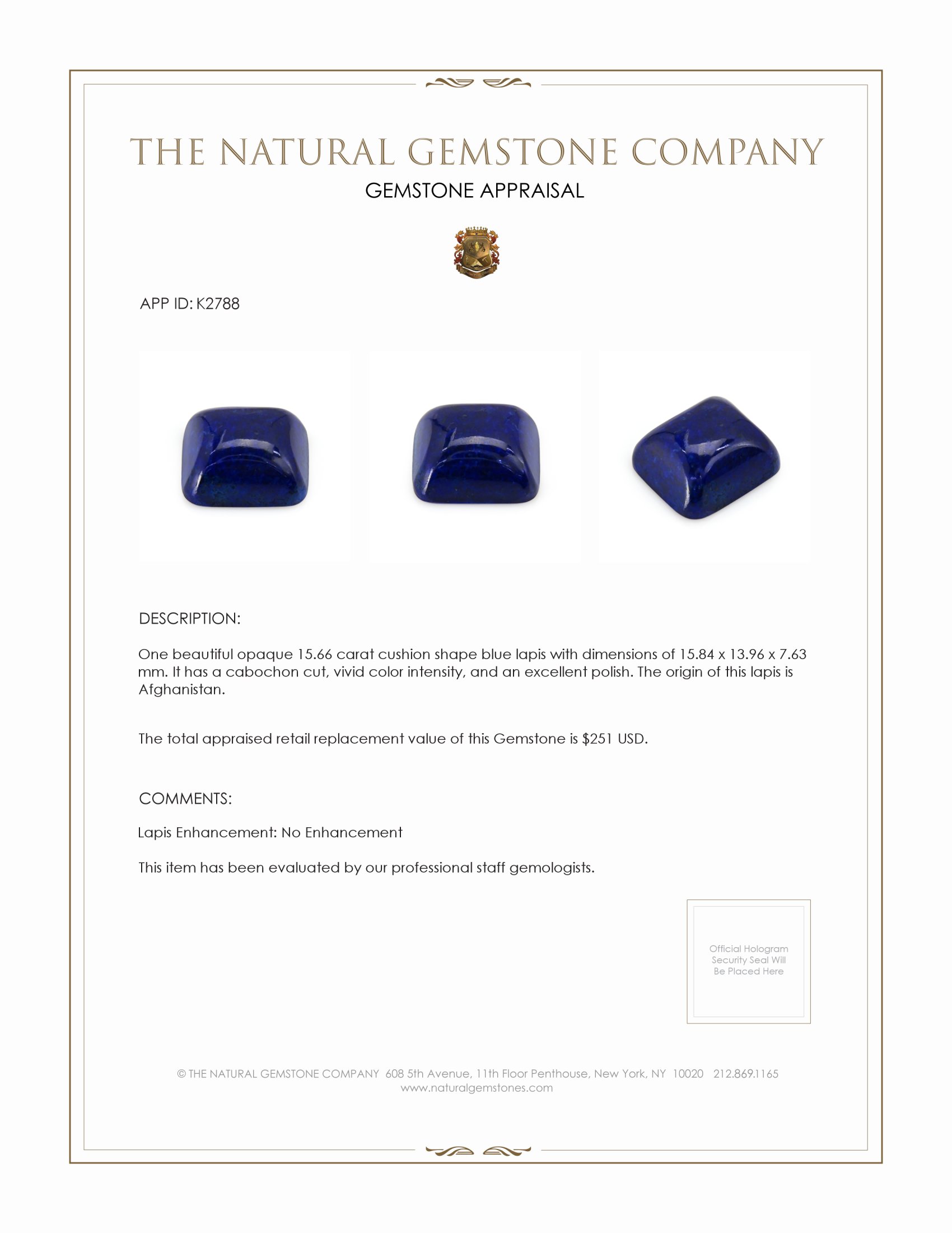 15.66 Ct. Cabochon Lapis from Afghanistan